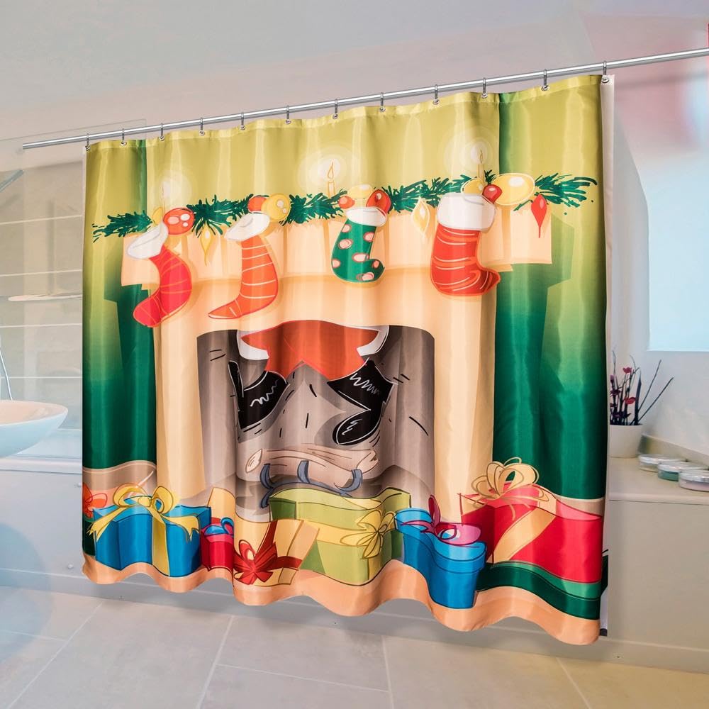 Festive Fireplace Fabric Shower Curtain - Holiday Bathroom Decor for Christmas, Winter & Cozy Home Decor - Perfect for Seasonal Bathroom Makeovers