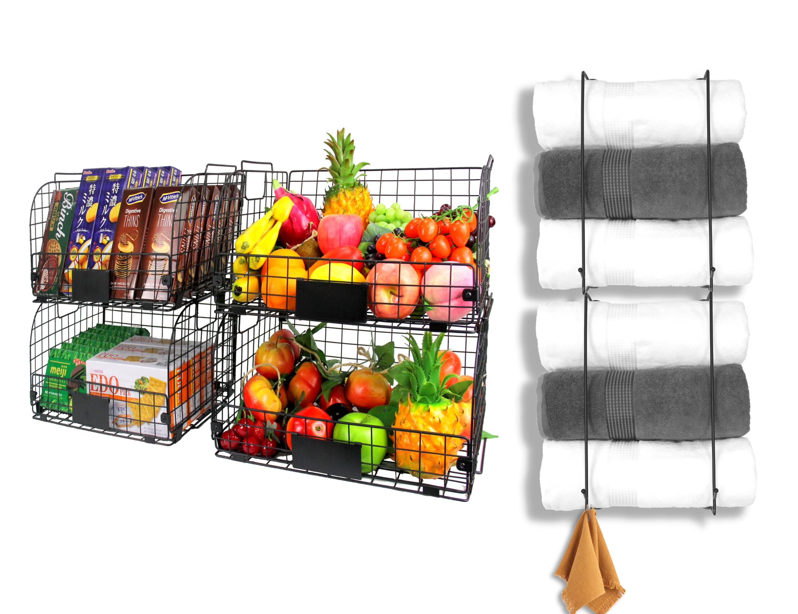 2-Pack Modern Towel Racks & 4-Piece XXL Stackable Wire Baskets Set - Space Saving Storage Organizer for Bathroom Towels, Pantry Organization - Perfect for Small Spaces & Closet Storage Solutions