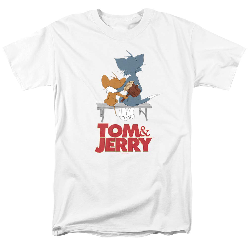 Tom and Jerry Movie Park Bench Unisex Adult T-Shirt - White Small | Casual Wear, Gift for Cartoon Fans, Lounge & Outing Tee