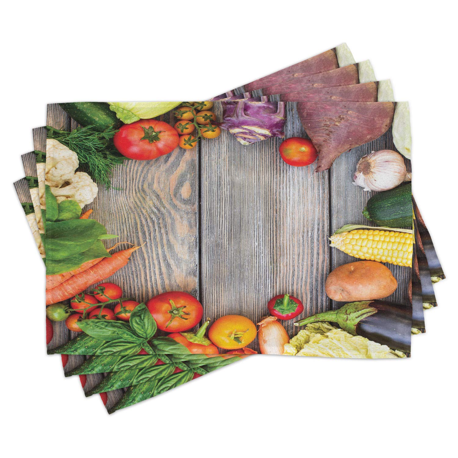 Lunarable Washable Fabric Placemats Set of 4 - Vegetable Theme (Carrot, Corn, Cucumber, Cabbage) for Dining Table, Standard Size, Red & Yellow - Perfect for Kitchen, Restaurant, and Home Decor