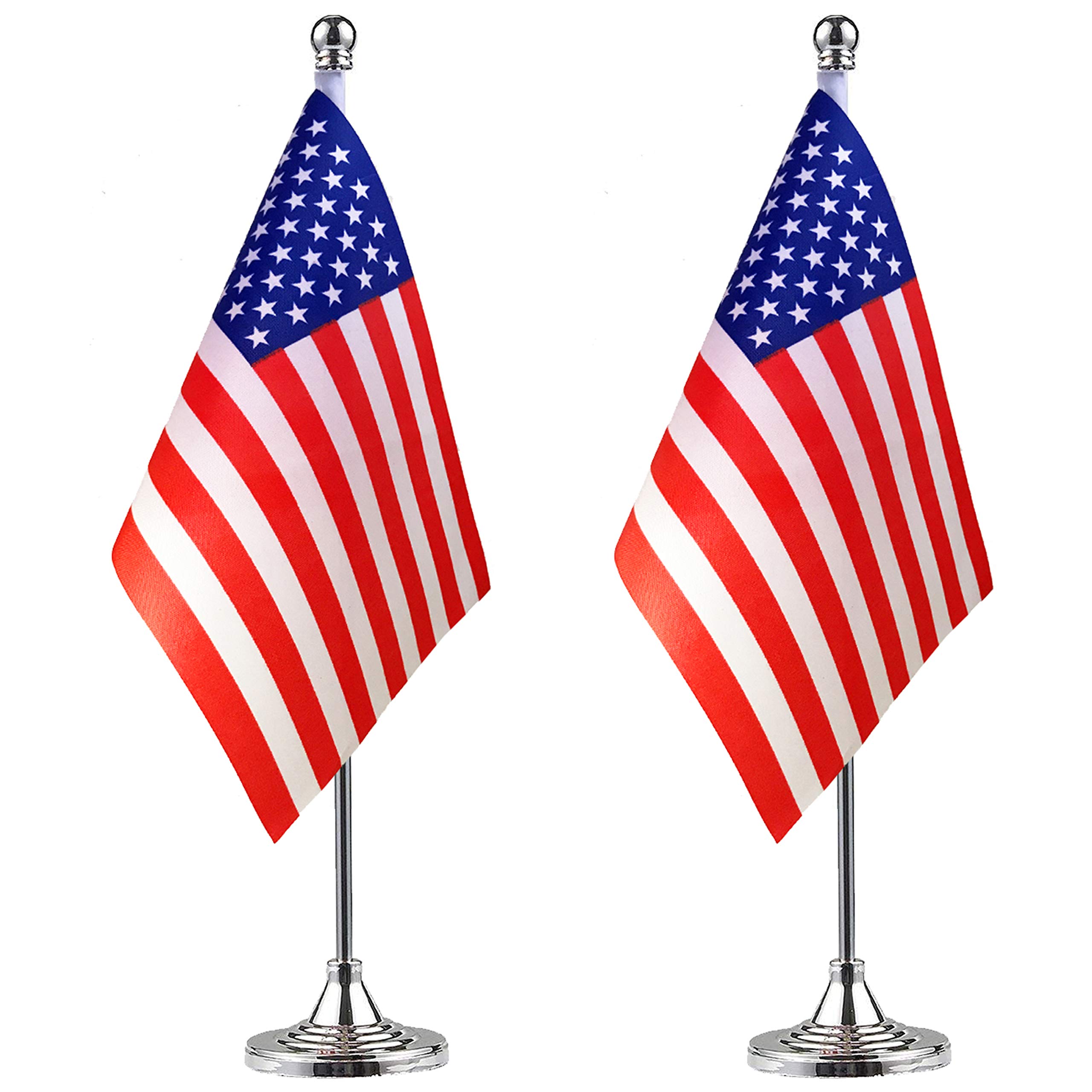 2 Pack Small Mini USA American Desk Flags with Stand Base - Patriotic Office Decor for Desk, Table, Events & Home Display