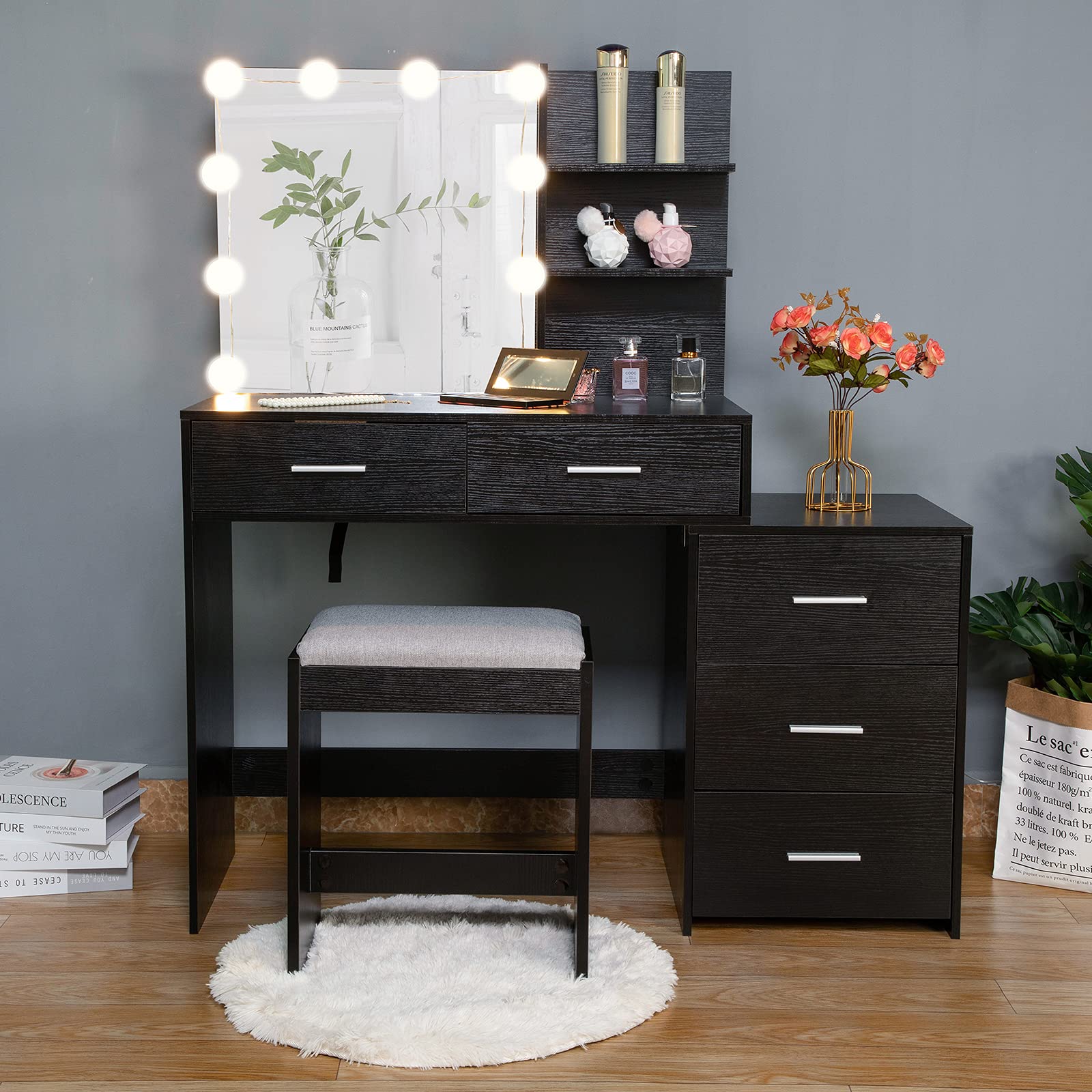 USIKEY Large LED Vanity Set with 10 Lights, Makeup Dressing Table with 3-Drawer Chest & Cushioned Stool - Black Beauty Vanity for Bedroom, Dorm Room, and Home Decor (2 Large Drawers Included)