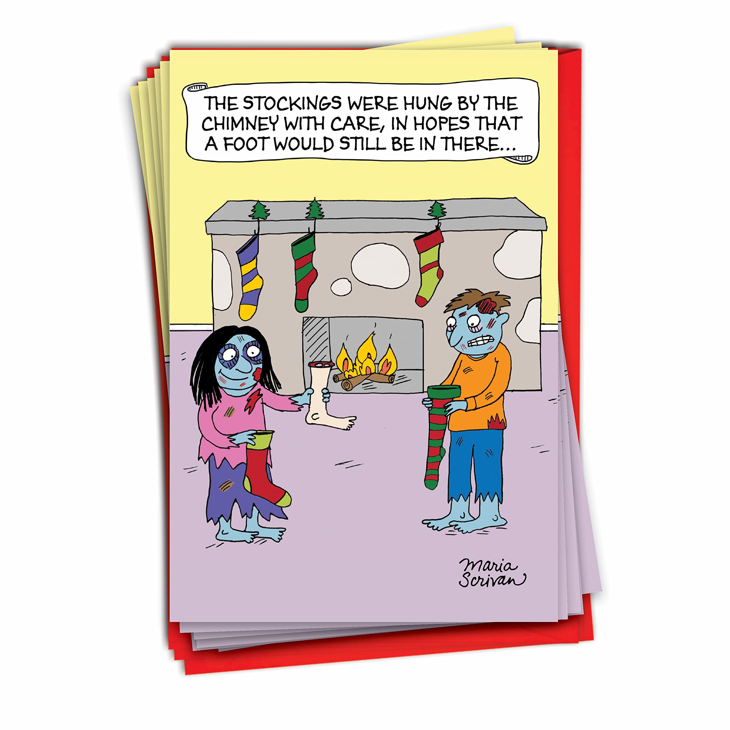 Funny Christmas Cards Set of 12 - Boxed Holiday Greeting Cards with Cartoon Animals & Festive Humor (Zombie Stockings Design B1189) - Perfect for Office Parties, Family Gatherings & Secret Santa Exchanges