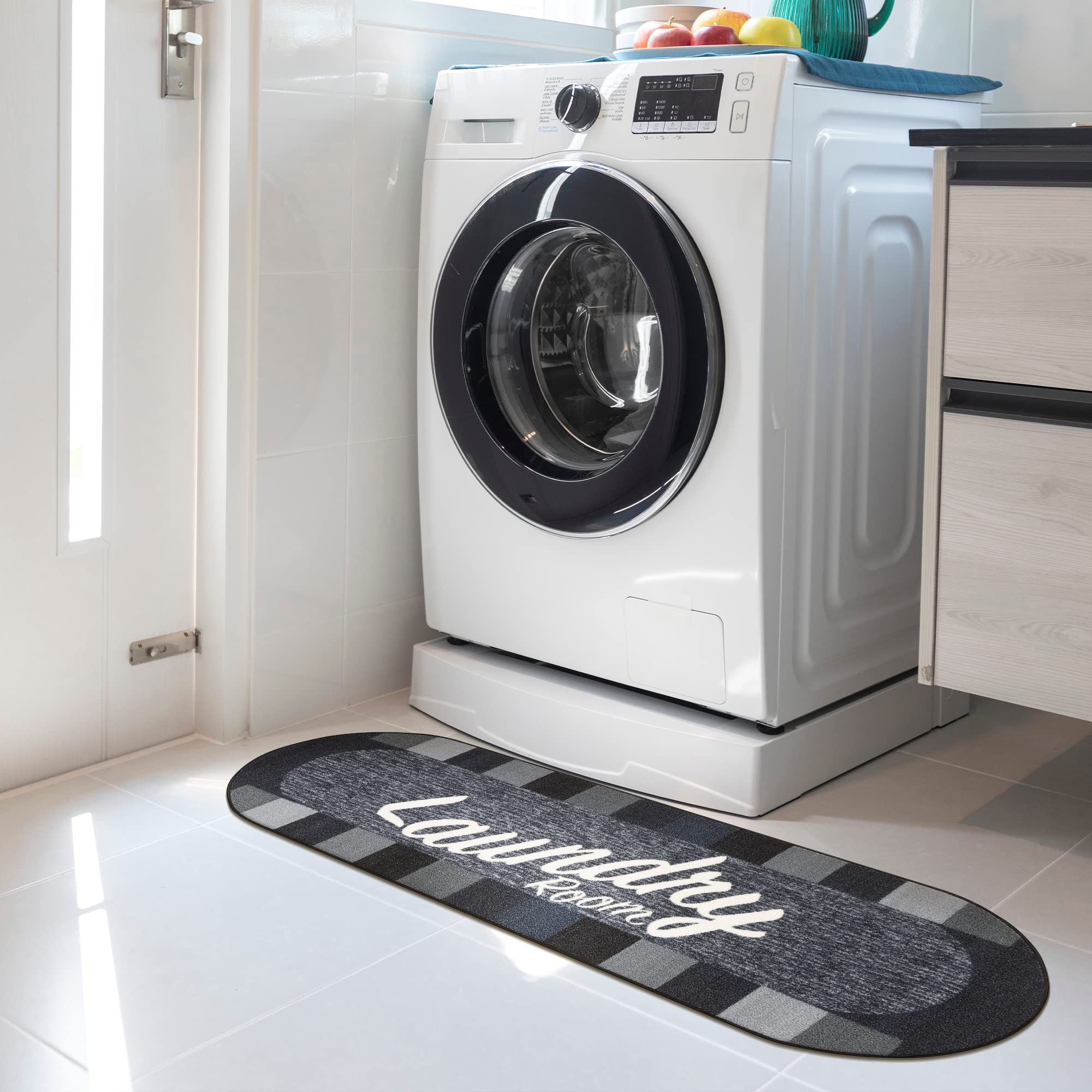 Non-Slip Rubber Backed 2x5 Laundry Runner Rug - Machine Washable Checkered Border Bath Mat for Laundry Room, Bathroom & Washroom (20