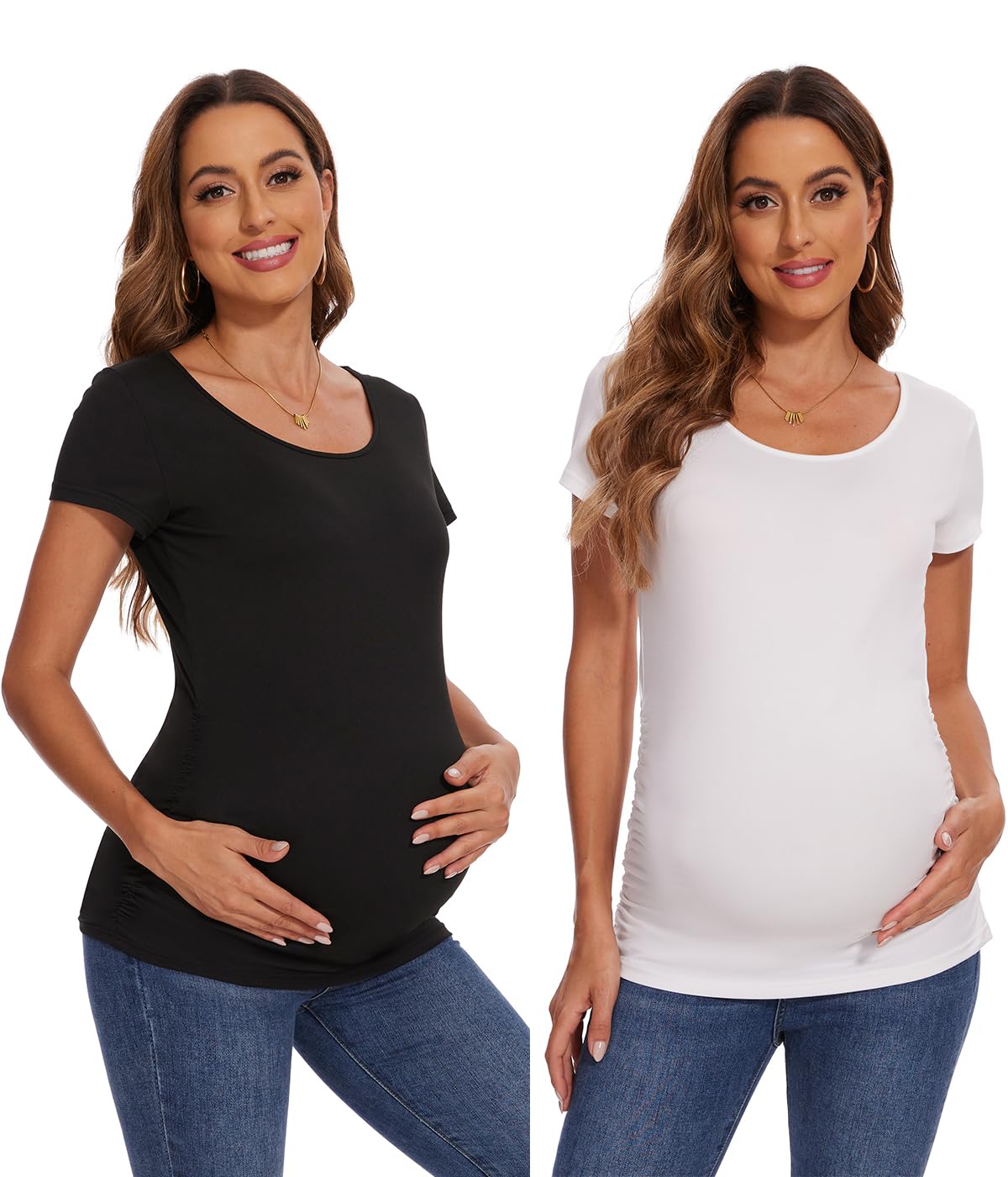 Women's Maternity Shirts Side Ruched Pregnancy T-Shirts - Comfortable Stretchy Nursing Tops for Expecting Mothers - Perfect for Work, Casual Wear & Breastfeeding