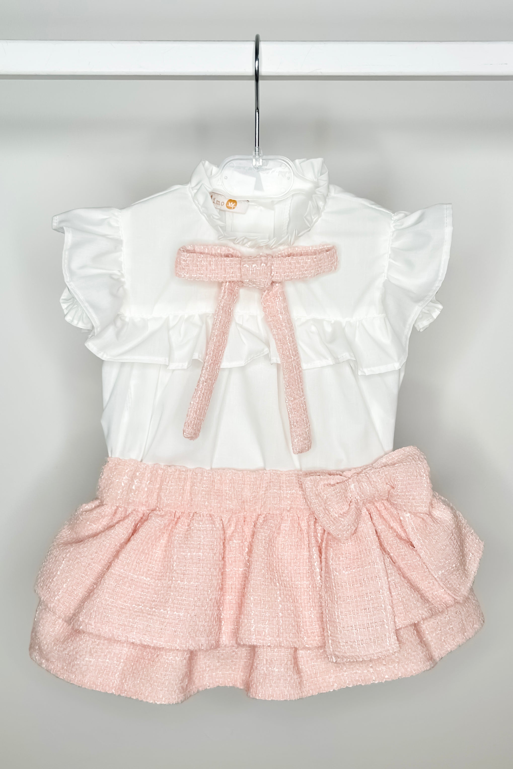 Belinda Blush Pink Bouclé Blouse & Skort Set - Women's Elegant Office Wear & Cocktail Party Outfit