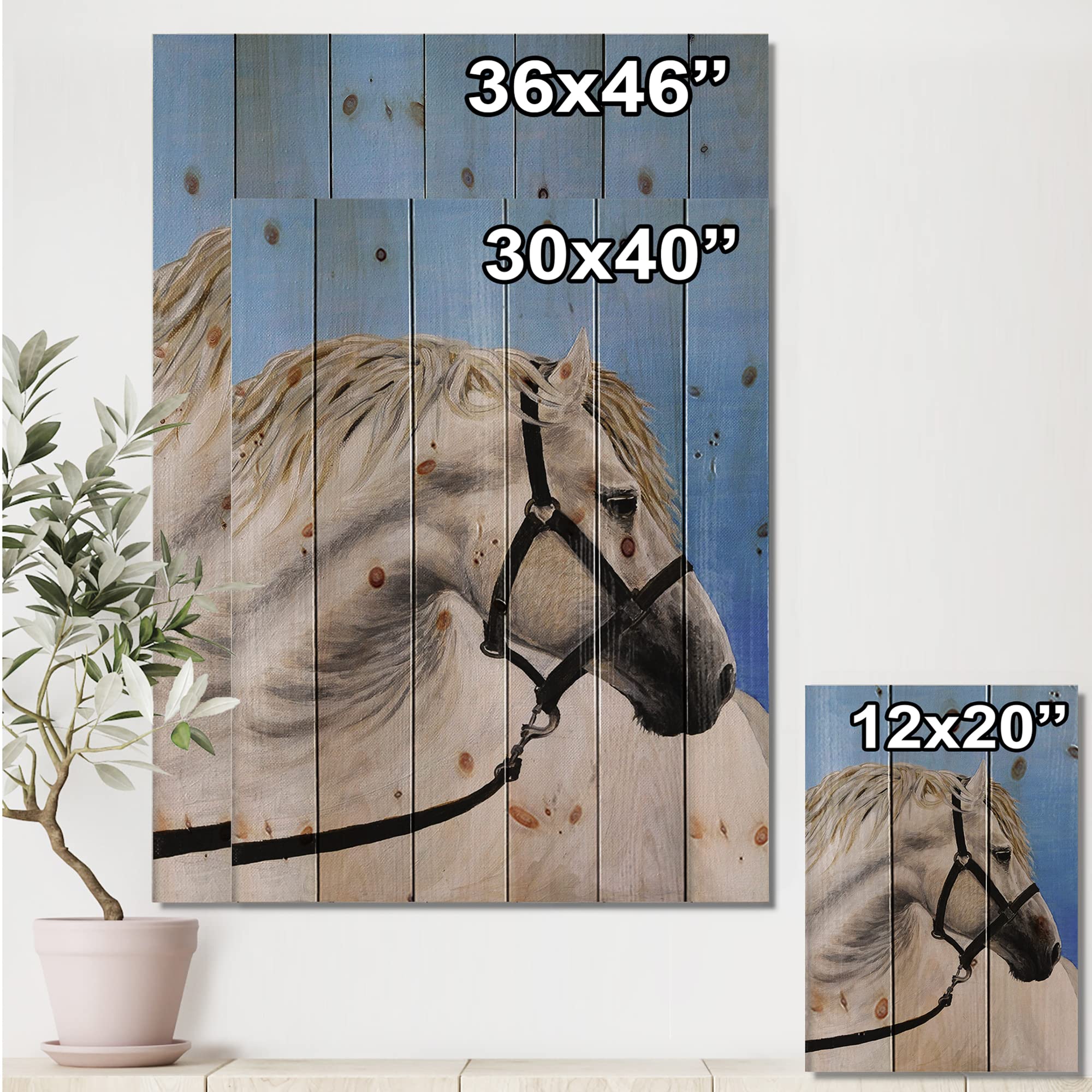 DesignQ White Horse in Furrow Farmhouse Wood Wall Art - Large Animal Print on Natural Pine Wood Panel - Rustic Home Decor for Living Room, Bedroom & Office
