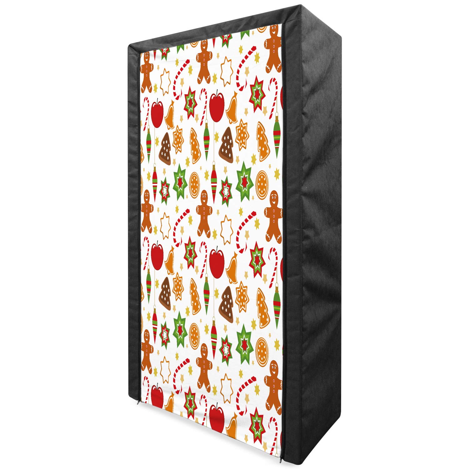 Ambesonne Gingerbread Man Portable Fabric Wardrobe - Christmas Holiday Closet Organizer with Shelves for Clothing Storage, 33.5 Inch, Multicolor Graphic Pattern (Stars, Cookies, Apples & Bells) - Perfect for Bedroom, Dorm, Kids Room & Seasonal Decor