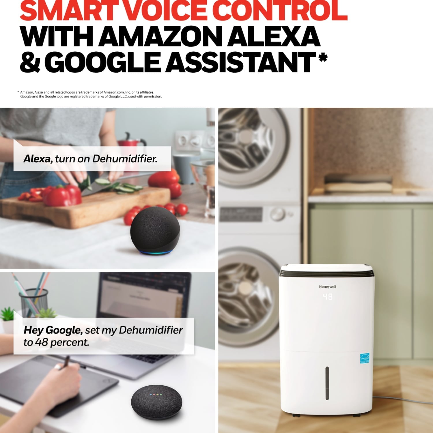 Honeywell TP70AWKN 50 Pint (70 Pint DOE 2019 Standard) Smart Portable Dehumidifier with Alexa Voice Control - Ideal for Basements, Bedrooms & Large Rooms up to 3000 Sq Ft