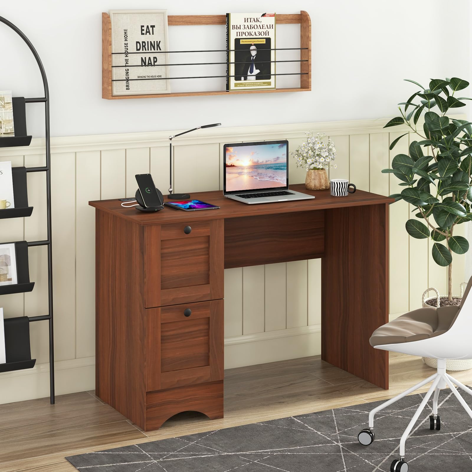 Tangkula Wooden Computer Desk with Drawers & USB Charging Station - Compact Home Office Desk for PC, Laptop & Notebook - Study Writing Workstation for Small Spaces - Perfect for Remote Work, Online Classes & Gaming Setup
