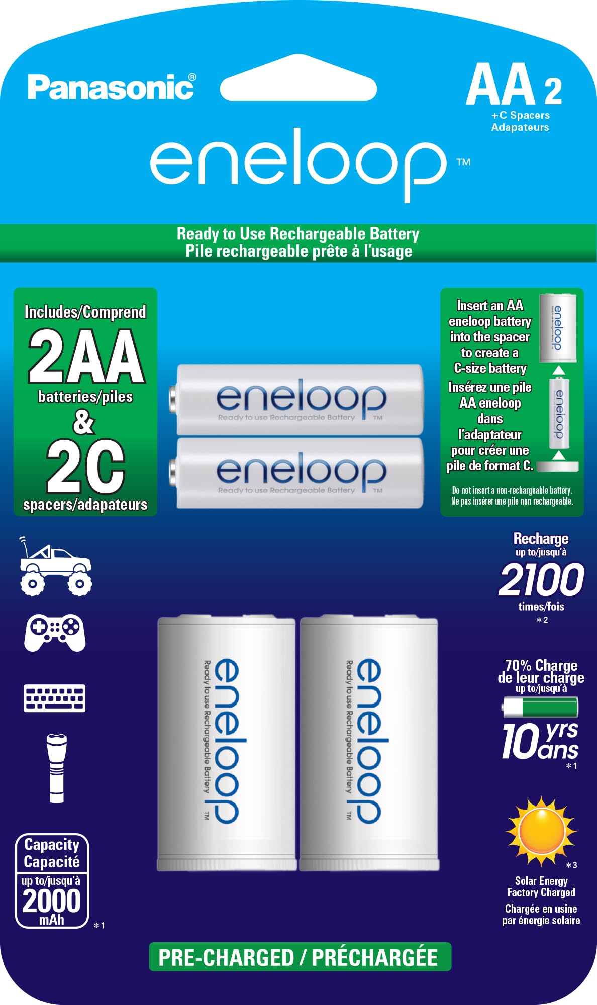 Panasonic eneloop AA Ni-MH Rechargeable Batteries 2100 Cycles - 2 Pack with 2 C Spacers | Pre-Charged High Capacity Batteries for Cameras, Flashlights & Electronics | Long Lasting Power Solution