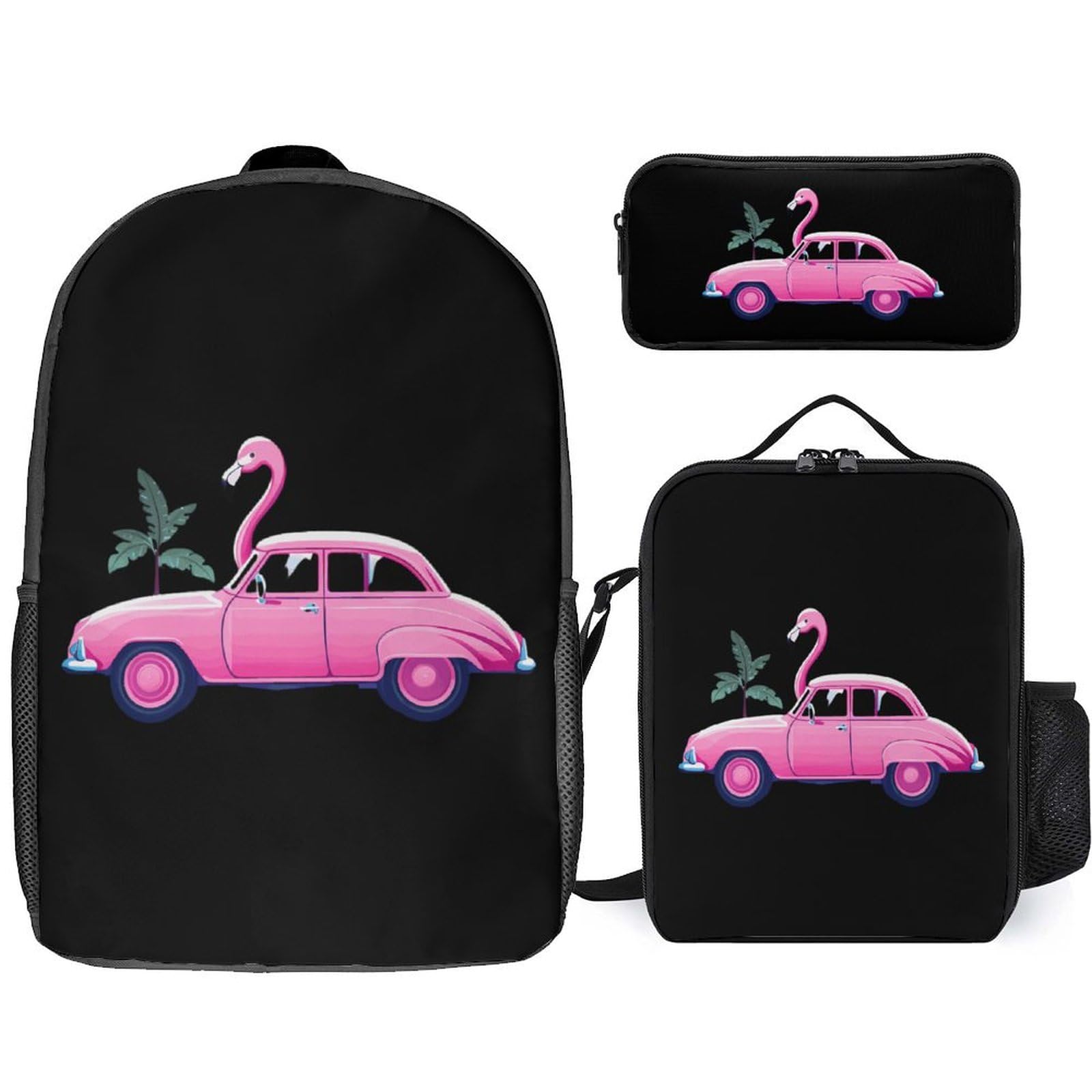 Flamingo Car 3-Piece Backpack Set - 17 Inch Laptop Backpack, Travel Daypack with Lunch Box & Pencil Case for School, Work & Outdoor Adventures