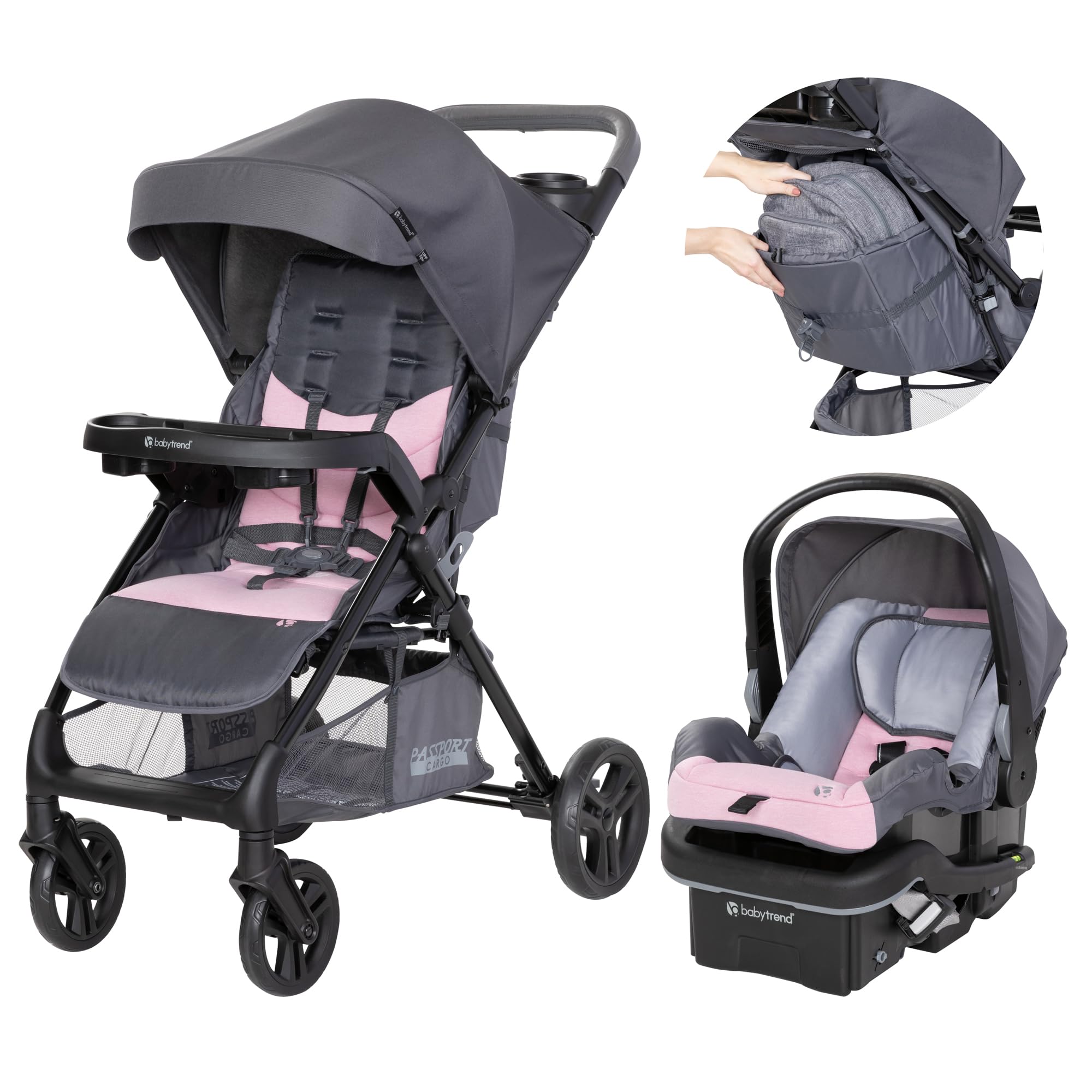Baby Trend Passport® Cargo Stroller Travel System with EZ-Lift™ PLUS Infant Car Seat - Lightweight Compact Stroller for Newborns & Toddlers, Pink Bamboo Design | Perfect for Air Travel, Shopping & Daily Walks