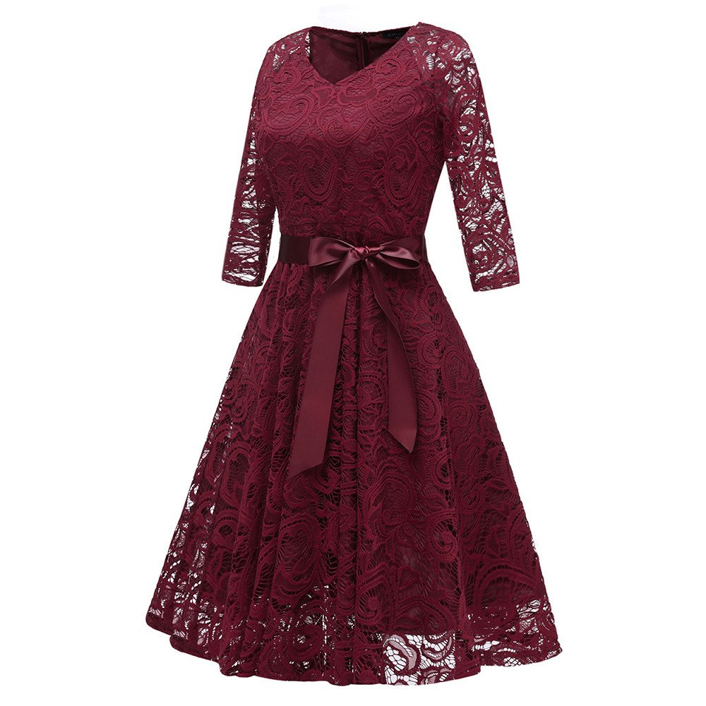 Elegant V-Neck 3/4 Sleeve Lace T-Shirt Dress for Women - Summer Wedding Guest, Cocktail Party & Special Occasion Dress - Breathable Hollow Lace Design for Comfort and Style