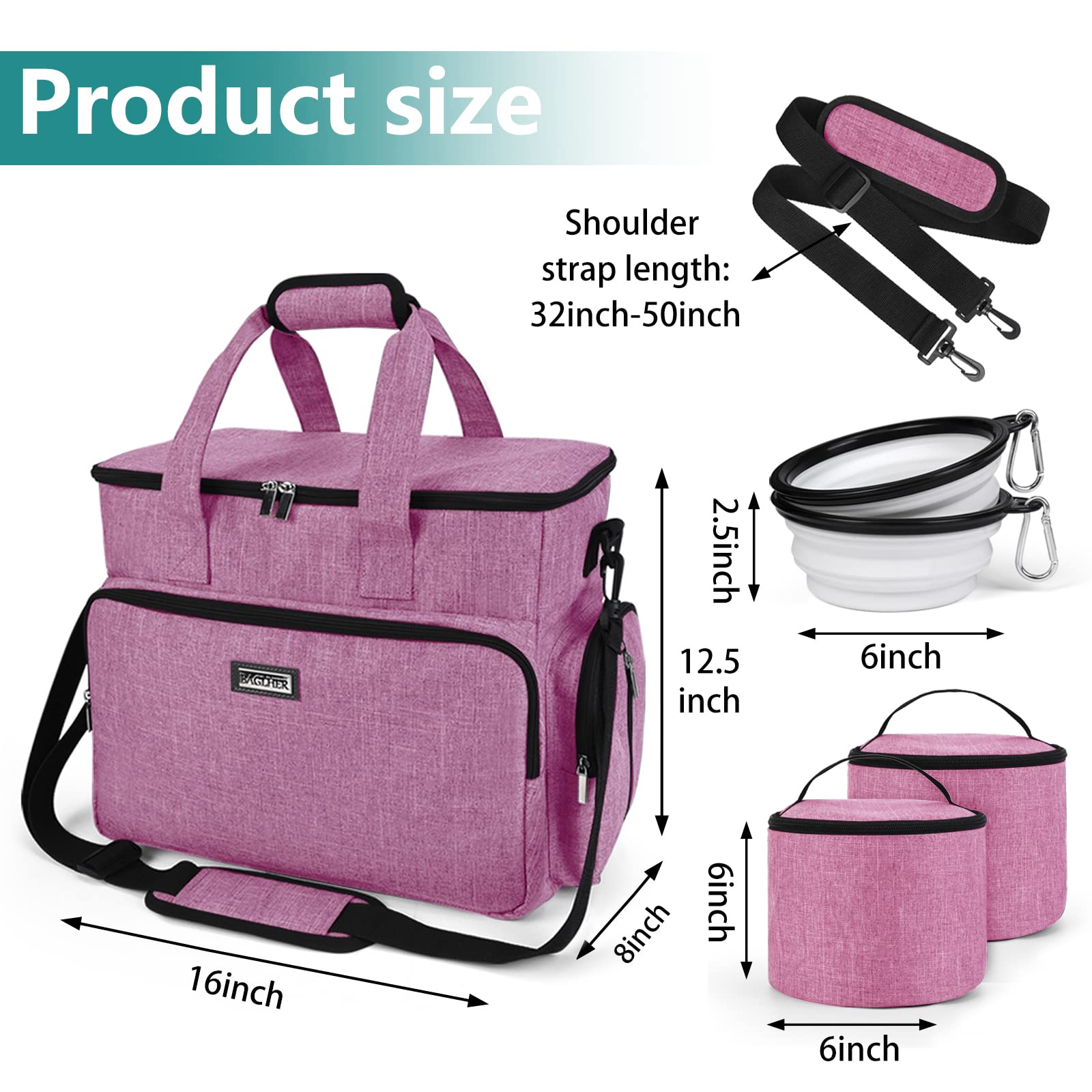 BAGLHER Dog Travel Bag - Waterproof Pet Carrier with 2 Food Containers & Collapsible Bowls | Essential Travel Accessories for Dogs & Cats | Perfect for Road Trips, Airplane Travel & Outdoor Adventures (Pink)