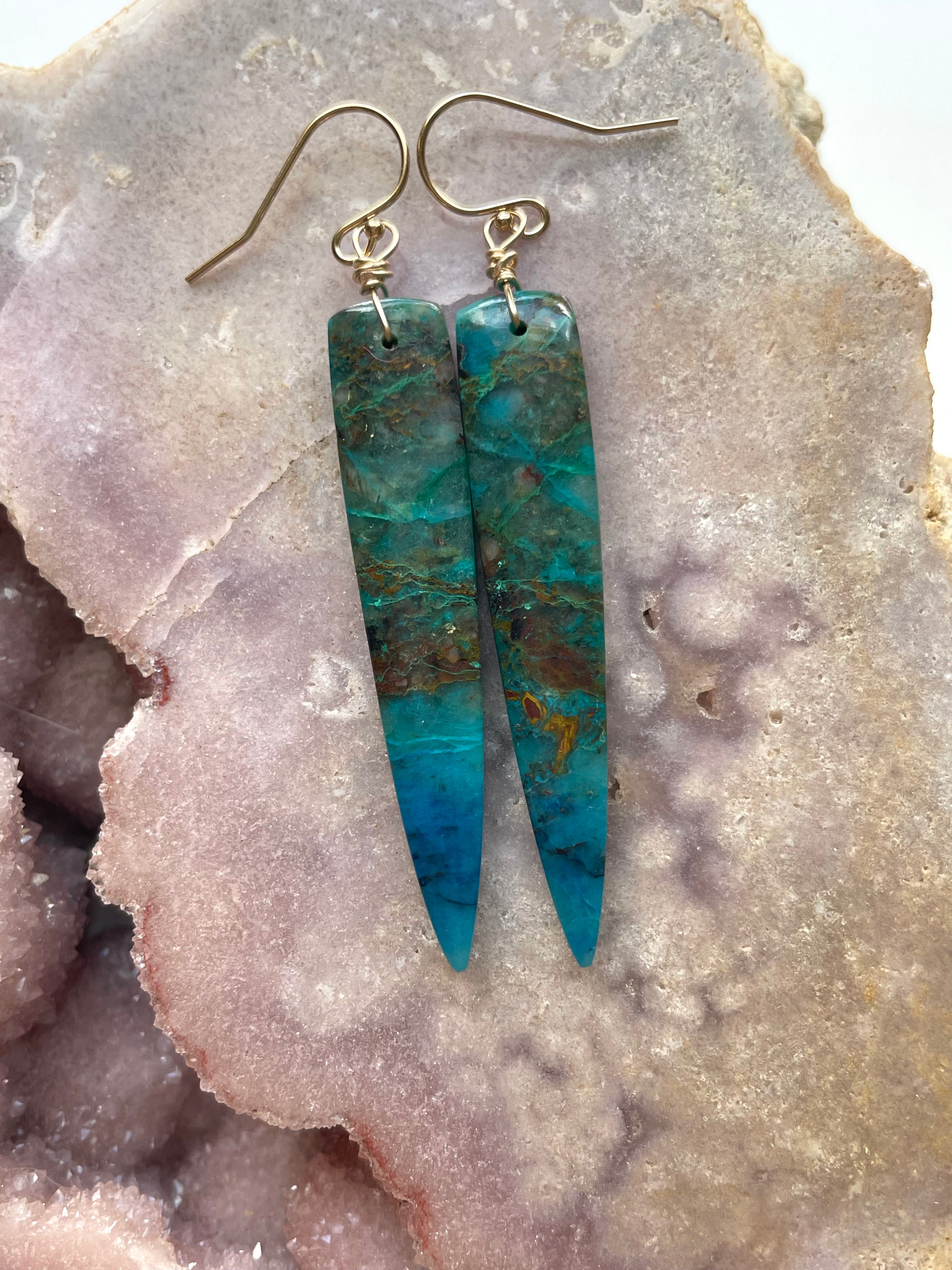 Stunning Chrysocolla Gold Filled Statement Earrings with Crystal Gemstones | Elegant Jewelry for Women | Perfect for Parties, Weddings & Special Occasions