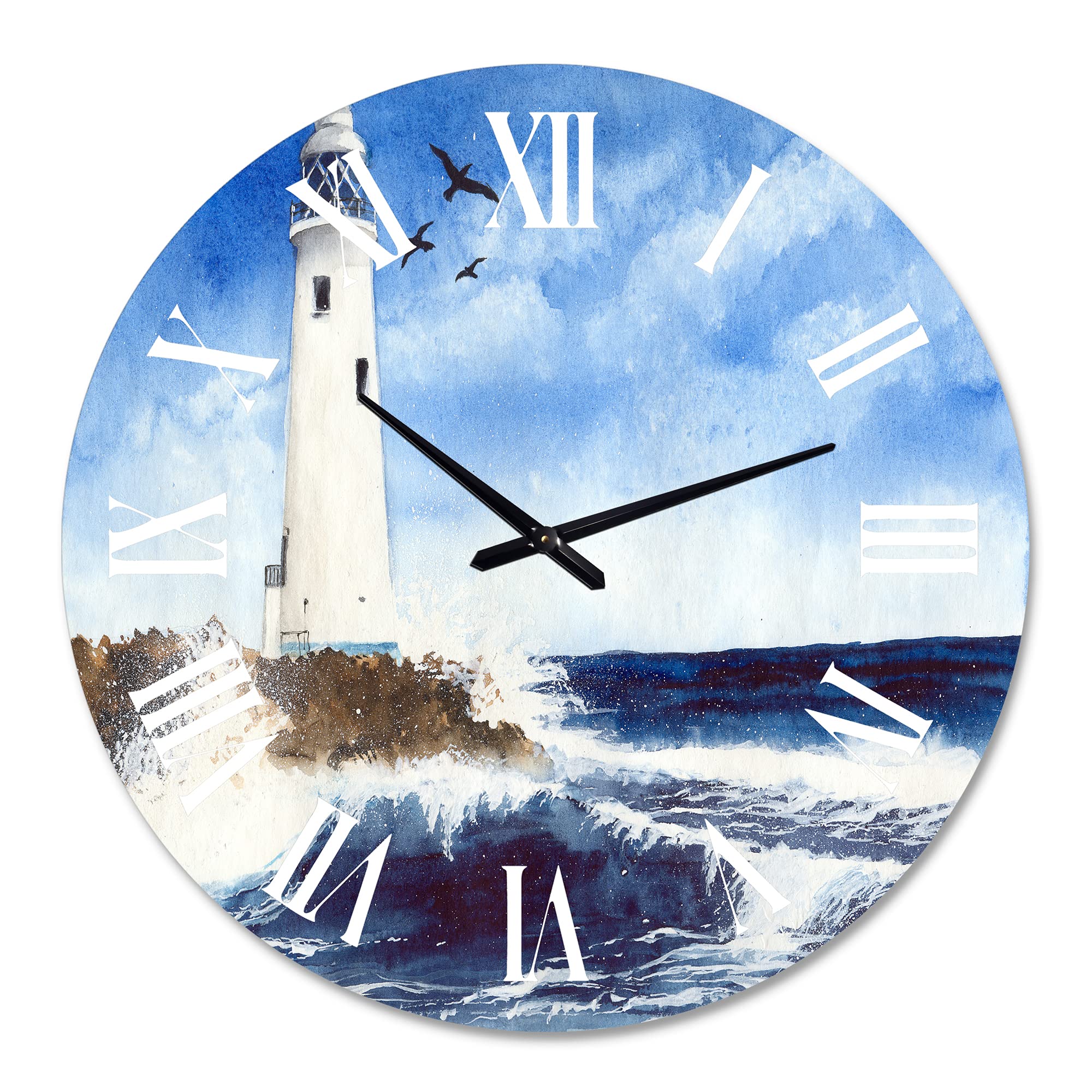 Lighthouse On The Rocky Island with Seagulls - Nautical Coastal Wall Clock for Bedroom, Living Room, Office Decor - Blue Round Silent Non-Ticking Clock for Home & Beach House