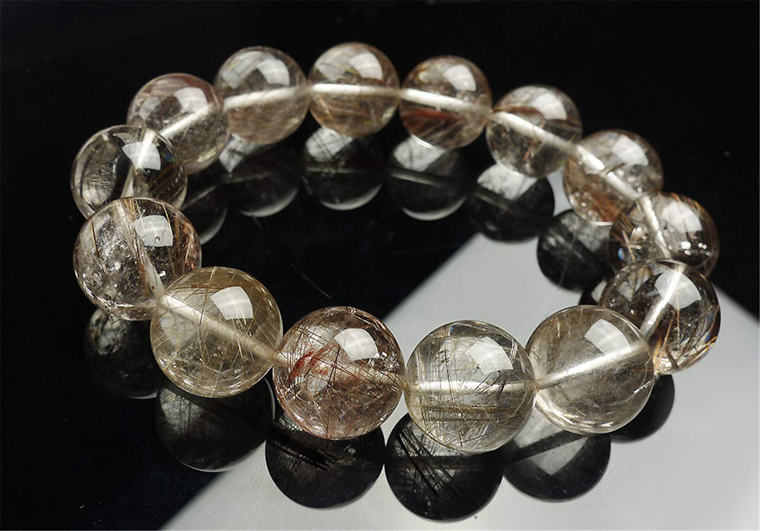 Natural Silver Rutilated Quartz Crystal 16mm Round Beads Stretch Bracelet for Women - AAAA Grade | Perfect for Yoga, Meditation & Boho Fashion Accessories