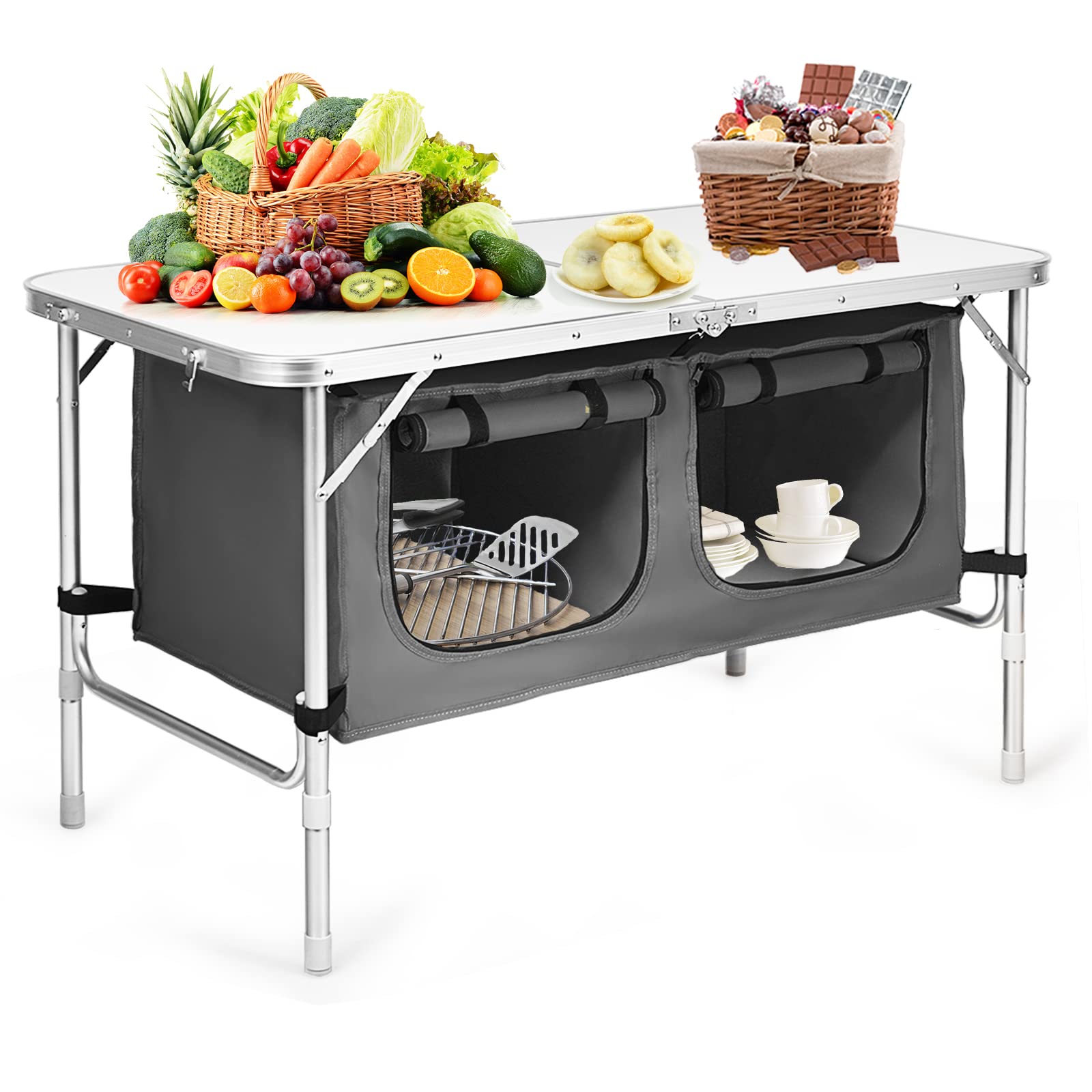 Portable Aluminum Folding Camping Table with Storage - Adjustable Height Picnic Table for Outdoor, Indoor, Camping, BBQ, Travel, Fishing & Beach Parties | Compact & Lightweight Design for Easy Transport