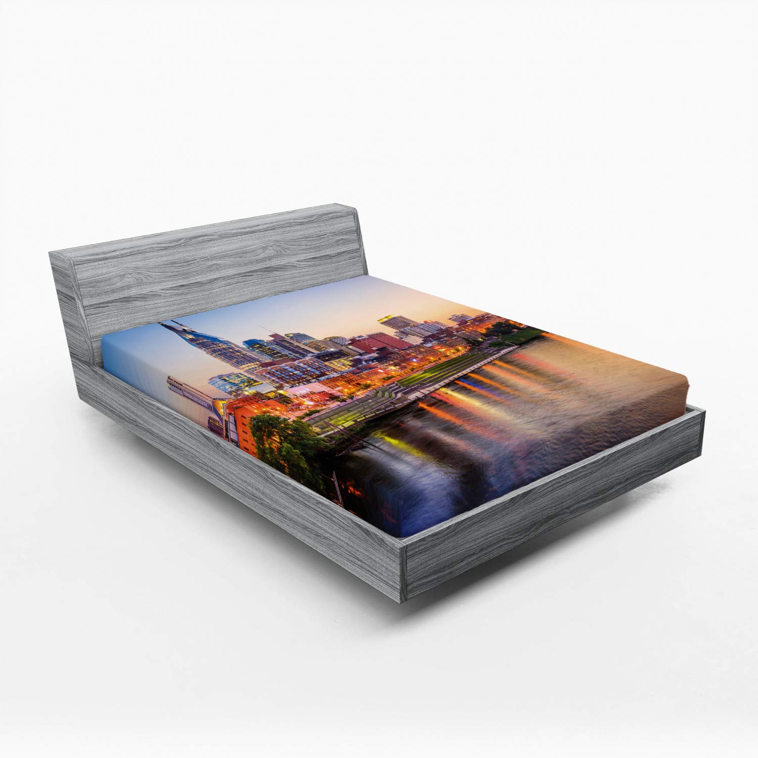 Ambesonne United States Fitted Sheet - Full Size Deep Pocket Bed Cover with All-Around Elastic, Cumberland River Nashville Tennessee Evening Architecture Design, Multicolor Travel Destination Theme - Perfect for Guest Rooms, Vacation Homes & Cozy Bedroom Decor
