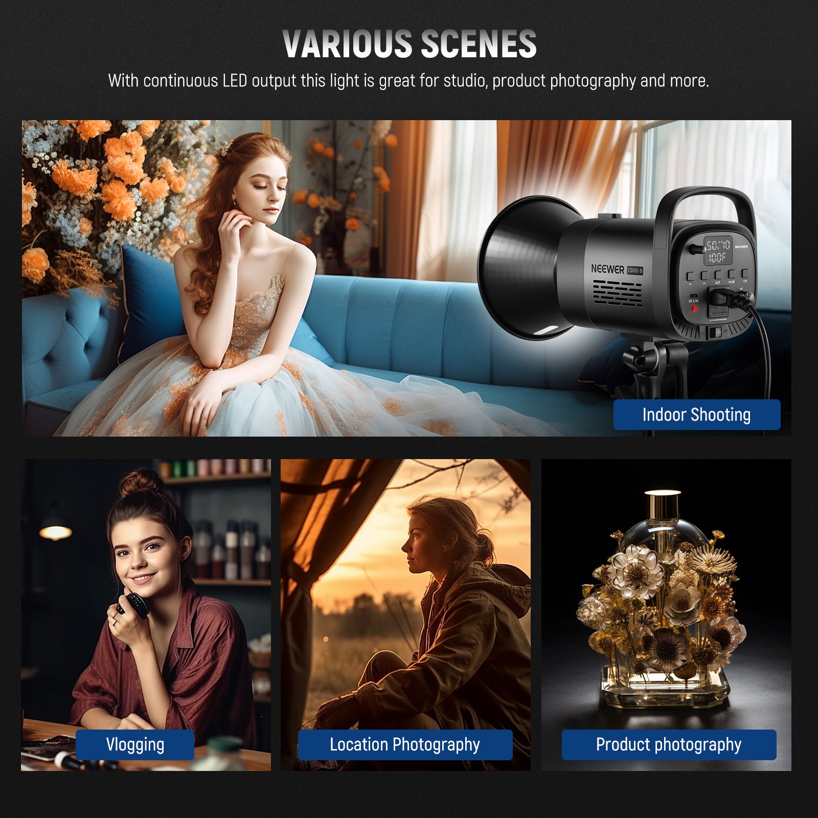 NEEWER CB60B 70W Bi-Color LED Video Light for Photography, YouTube Videos, Live Streaming & Studio Lighting - Dimmable Continuous Lighting with 3200K-5600K Adjustable Color Temperature