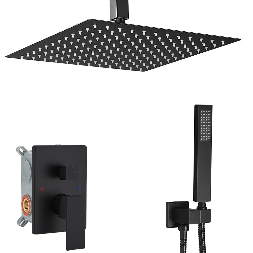 Premium Matte Black Shower System - 12 Inch Rain Shower Head & Handheld Combo - High Pressure Ceiling Mount Bathroom Set with Rough-in Valve (Perfect for Luxury Master Bath & Spa Experience)