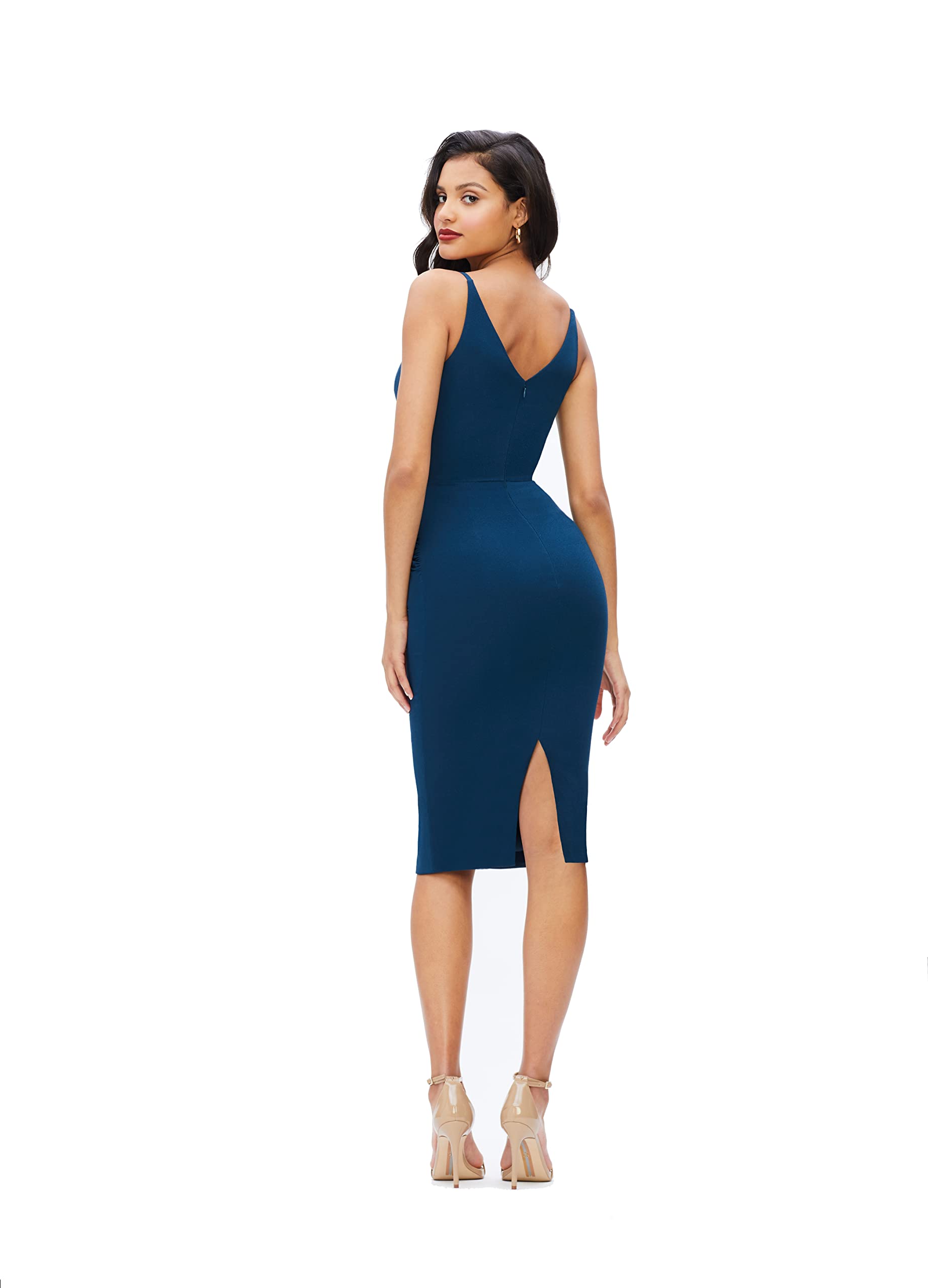 Dress the Population Women's Anita Asymmetrical Rouched Waist V-Neck Midi Dress - Elegant Cocktail Party & Wedding Guest Dress for Special Occasions