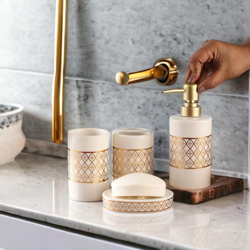 Whizzo Ceramic Bathroom Set - 4pc Soap Dispenser, Toothbrush Holder for Home Decor
