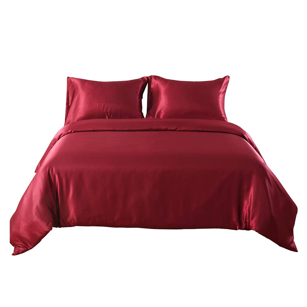 Luxury Ultra Soft Silk Satin King Size Burgundy 4-Piece Duvet Cover Set - Duvet Cover + Fitted Sheet (19