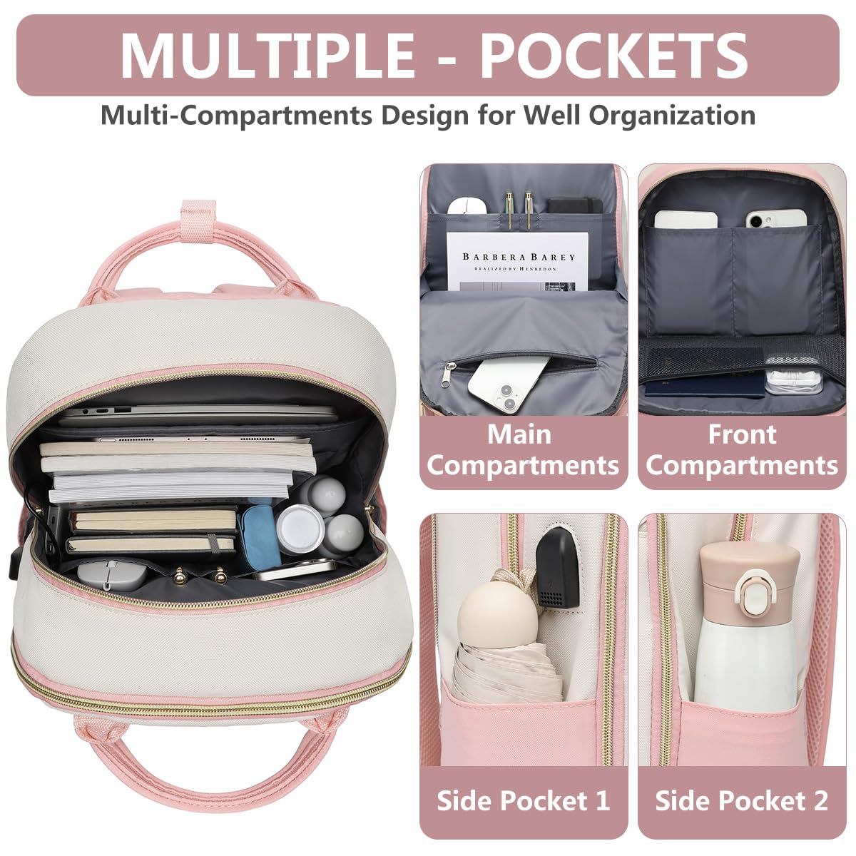 Women's Laptop Backpack for Work & Travel - 17 Inch Computer Backpack with USB Charging Port, Waterproof College Bookbag, Anti-Theft Business Bag for Women - Perfect for Nurses, Teachers & Students (Beige/Pink) - Ideal for Daily Commute, Business Trips & Campus Life