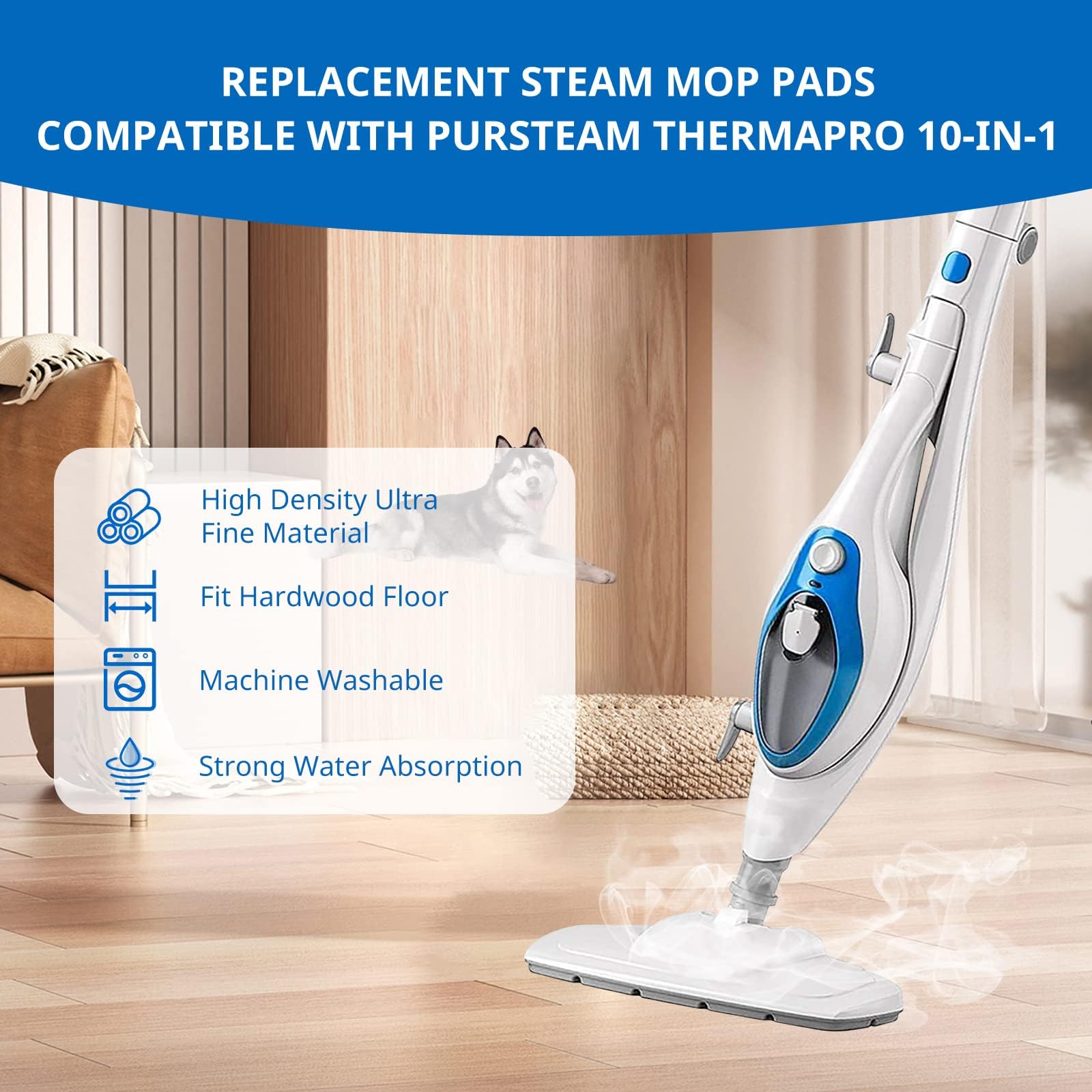 LINNIW 6 Pack Replacement Steam Mop Pads for PurSteam ThermaPro 10-in-1 - Super Absorbent Microfiber Cleaning Cloths for Floors, Tiles & Hardwood - Perfect for Kitchen, Bathroom & Pet Hair Removal