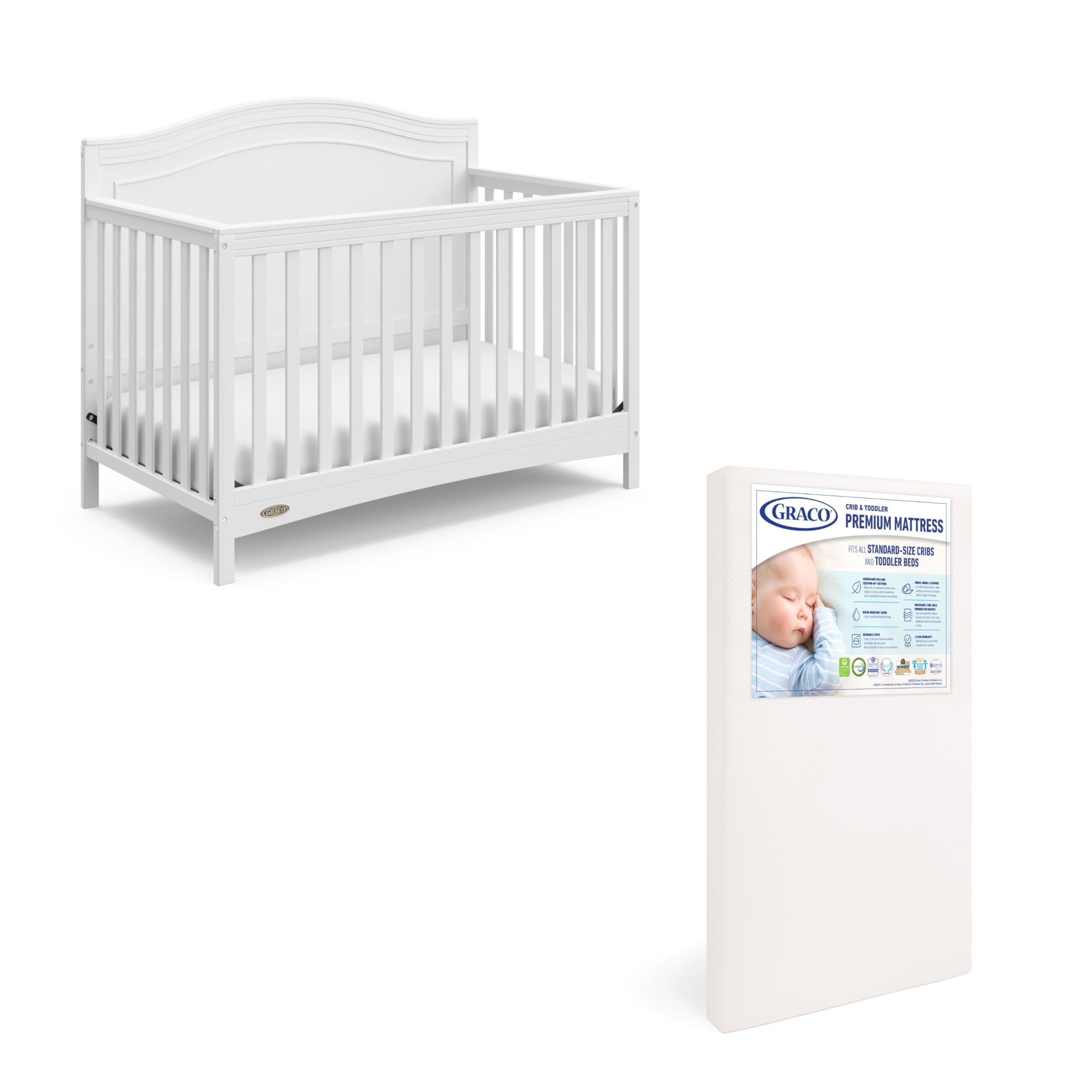 Graco Paris Convertible Crib & Mattress Set - GREENGUARD Gold Certified Baby Crib with Included Mattress, White Nursery Essentials for Newborns & Toddlers | Perfect for Modern Nursery, Daycare or Guest Room Setup