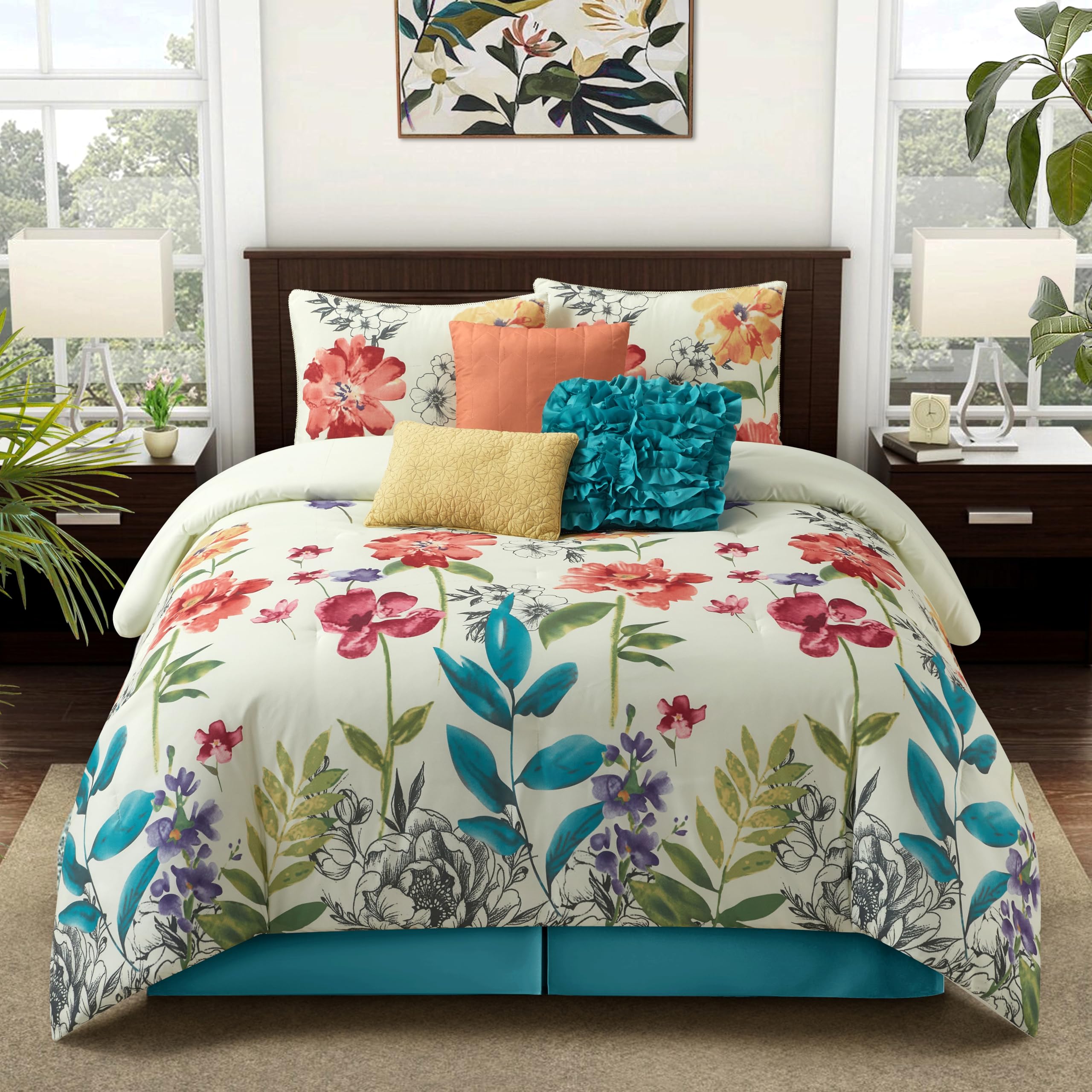Stratford Park Garden 7-Piece Queen Size Bedding Comforter Set - Multi-Colored Floral Design for Cozy Bedroom Decor | Perfect for Master Bedroom, Guest Room & Dormitory