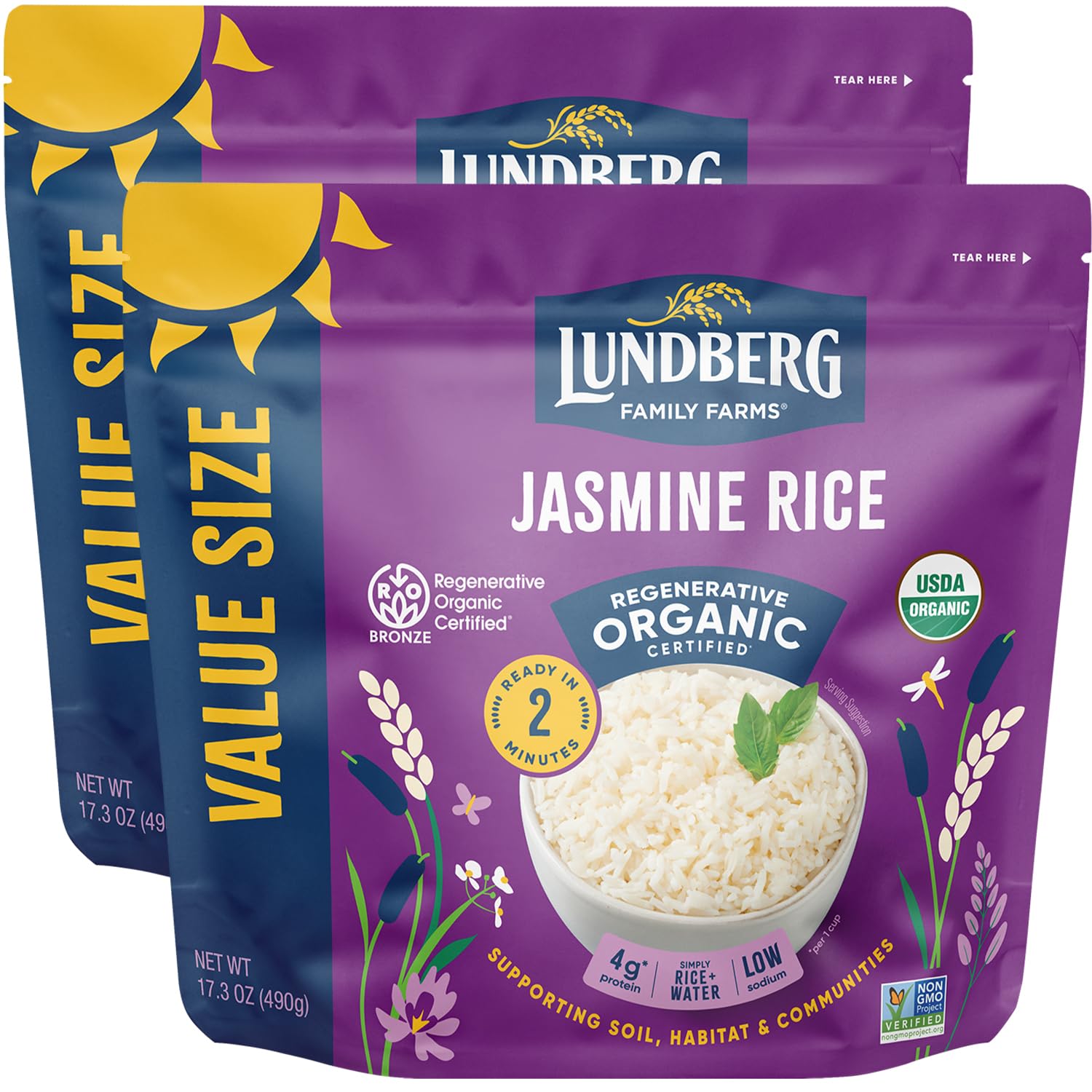 Organic White Jasmine Rice 2-Pack - Long Grain, Fluffy & Aromatic - Microwave or Stovetop Ready in 2 Minutes - Regenerative Organic Certified - 17.3 Oz Each - Perfect for Quick Meals, Asian Cuisine & Healthy Cooking