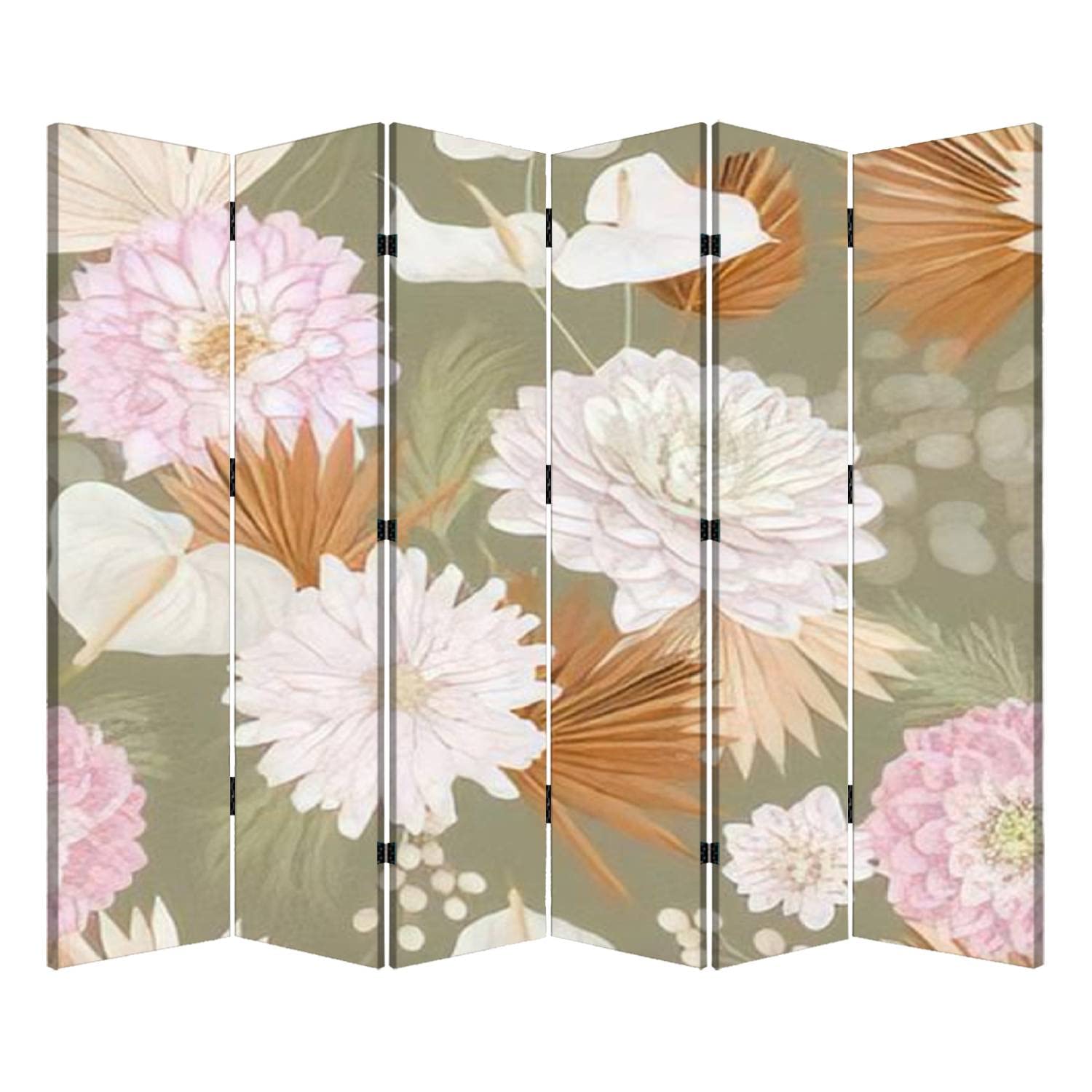 6-Panel Folding Room Divider Screen - Tropical Dahlia Flower & Palm Leaves Design for Privacy | Portable Freestanding Partition for Home, Office, Bedroom | Perfect for Creating Private Spaces in Living Rooms, Studios, or Open Floor Plans