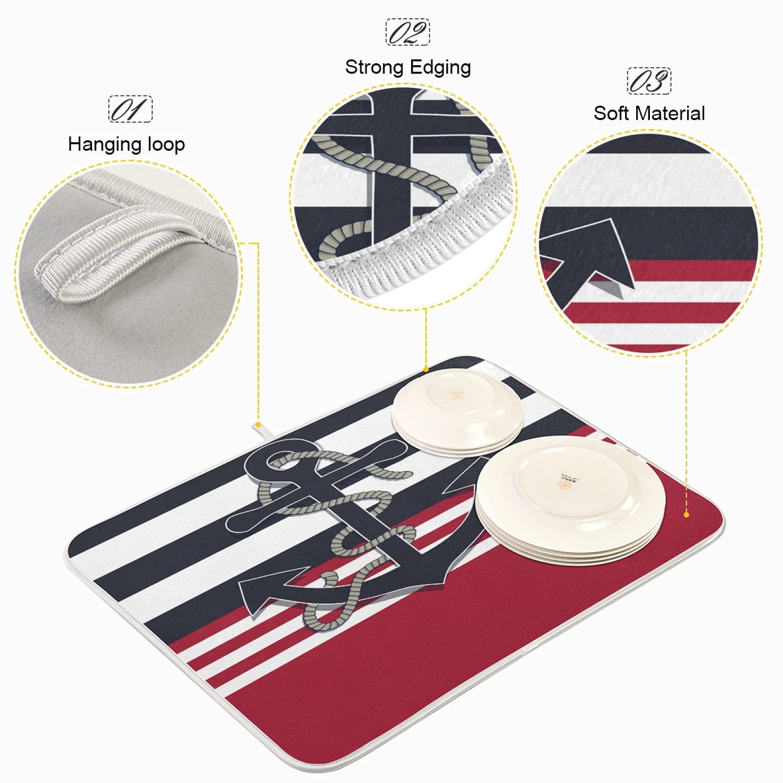 Absorbent Reversible Microfiber Dish Drying Mat - Kitchen Countertop Protector with Nautical Anchor & Rope Design (16x18 Inch) | Non-Slip, Quick-Dry Pad for Dishes, Utensils & Cookware | Perfect for Sink Areas, Countertops & Drying Racks