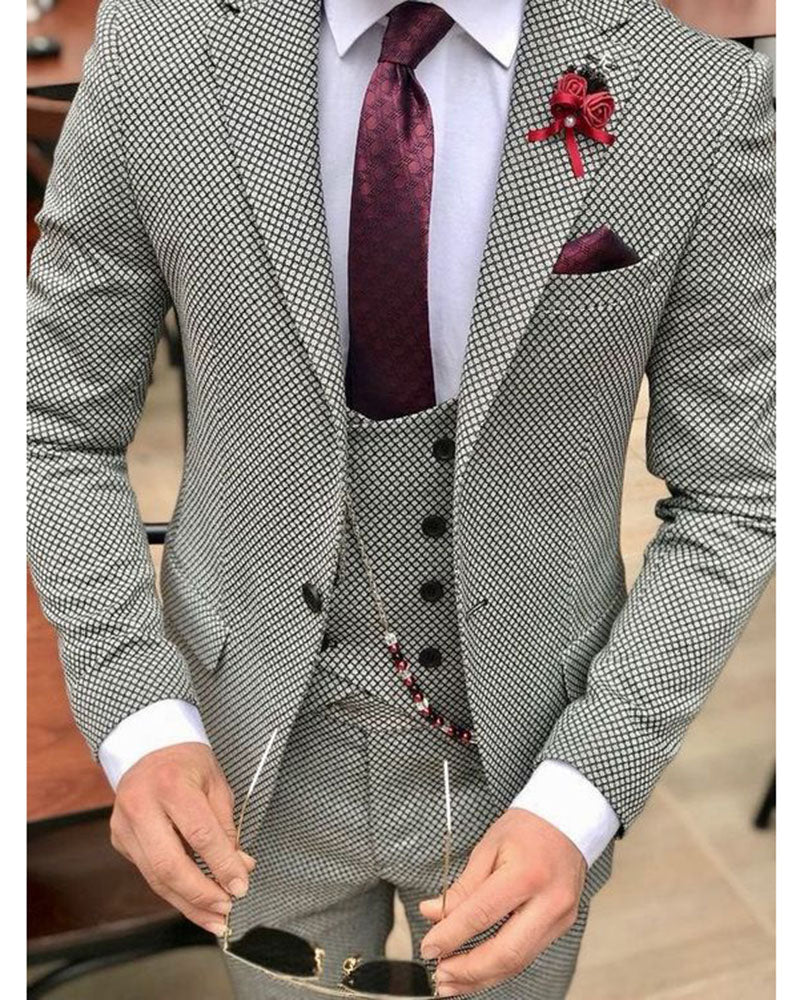 Stylish Men's Wool Houndstooth 3-Piece Wedding Suit Set - Formal Groom Tuxedo for Prom, Ceremonies & Special Occasions
