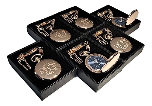 8 Custom Engraved Vintage Pocket Watches with Stainless Steel Chains & Gift Box - Perfect for Weddings, Groomsmen, Best Man Gifts (Black) - Ideal for Anniversary, Graduation & Special Occasion Presents