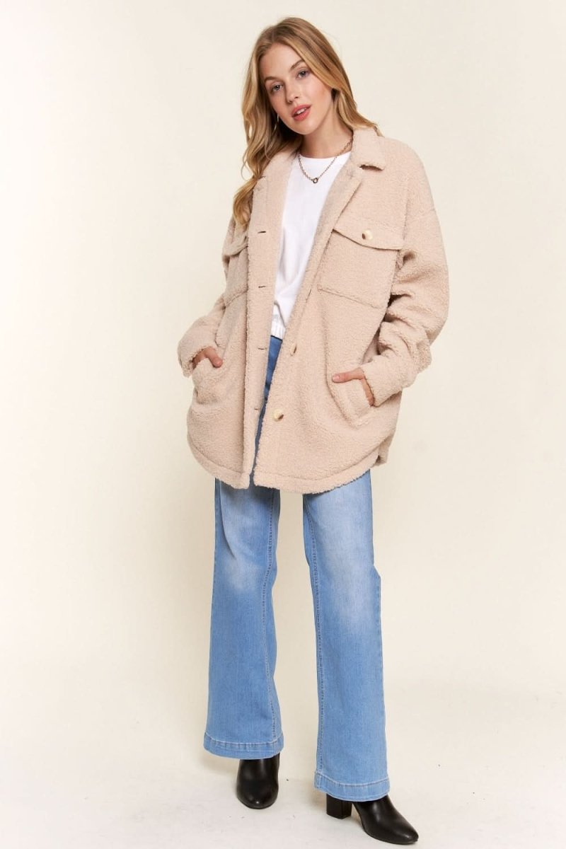 Teddy Sherpa Button Down Shacket with Curved Hem - Cozy Fleece Overshirt for Men & Women - Perfect for Fall & Winter Layering, Outdoor Activities, and Casual Wear