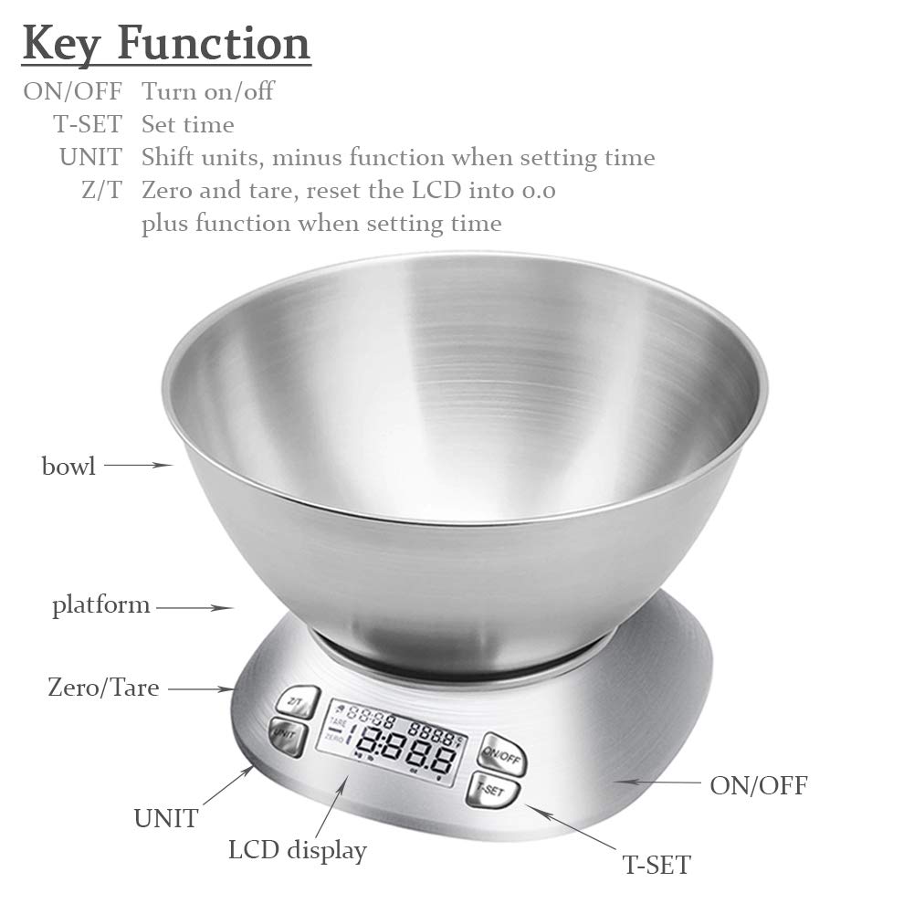 **Premium Digital Kitchen Scale with Removable 2.5L Bowl - Stainless Steel Food Scale for Cooking, Baking & Meal Prep - 12lb/5.5kg Capacity, Alarm Timer, Room Temp Function - Perfect for Home Chefs & Bakers (Batteries Included)**