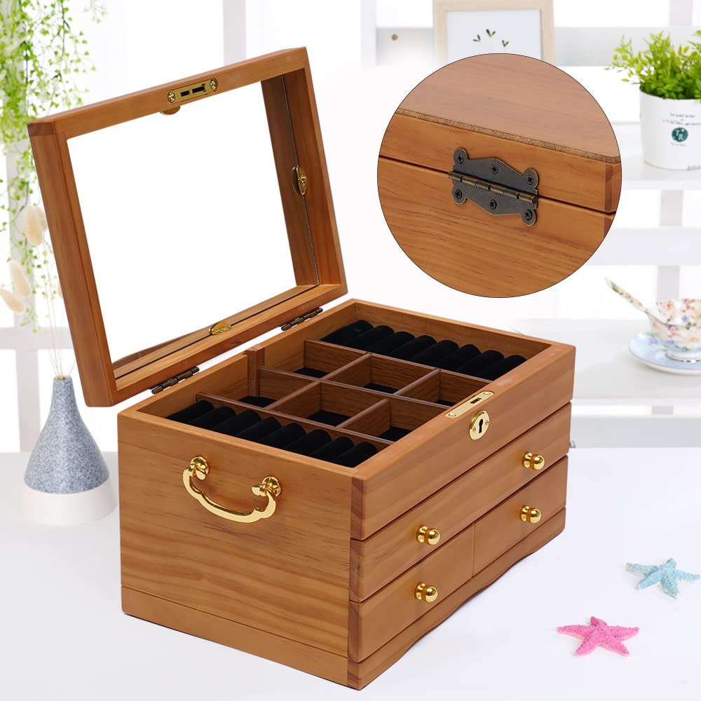 3-Layer Wooden Jewelry Box Organizer with Mirror & Lock - 2 Drawers Display Storage Case for Necklaces, Rings, Earrings - Perfect for Bedroom Vanity, Travel & Gift Giving