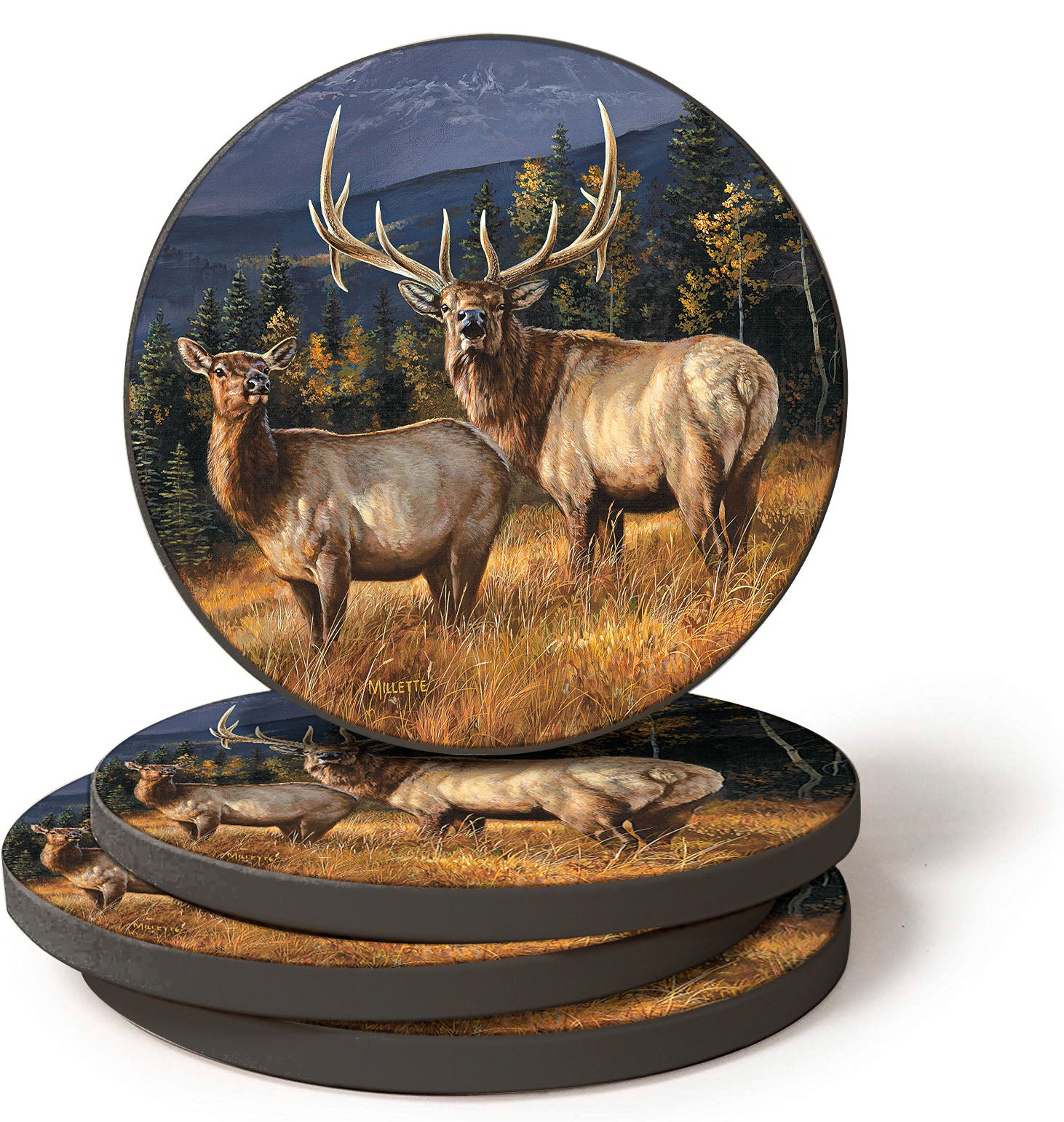 Premium Elk Coasters Set of 4 - Natural Wood Drink Coasters for Coffee Table, Bar & Home Decor - Absorbent & Protective for Glasses & Mugs