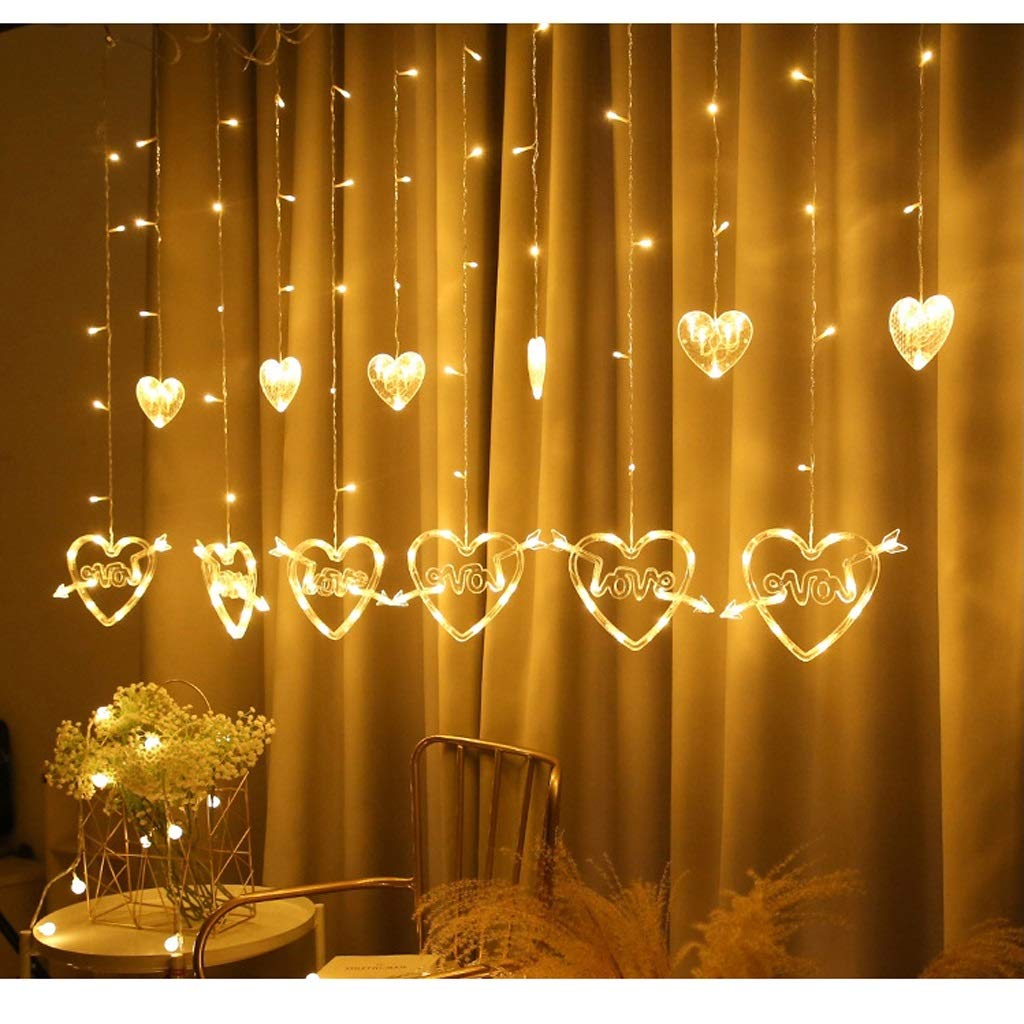 WYBFZTT-188 LED Heart String Lights - Romantic Warm White Curtain Lights for Window, Bedroom, Christmas & Party Decor - Durable Hanging Net Lights for Wedding, Valentine's Day & Home Decoration