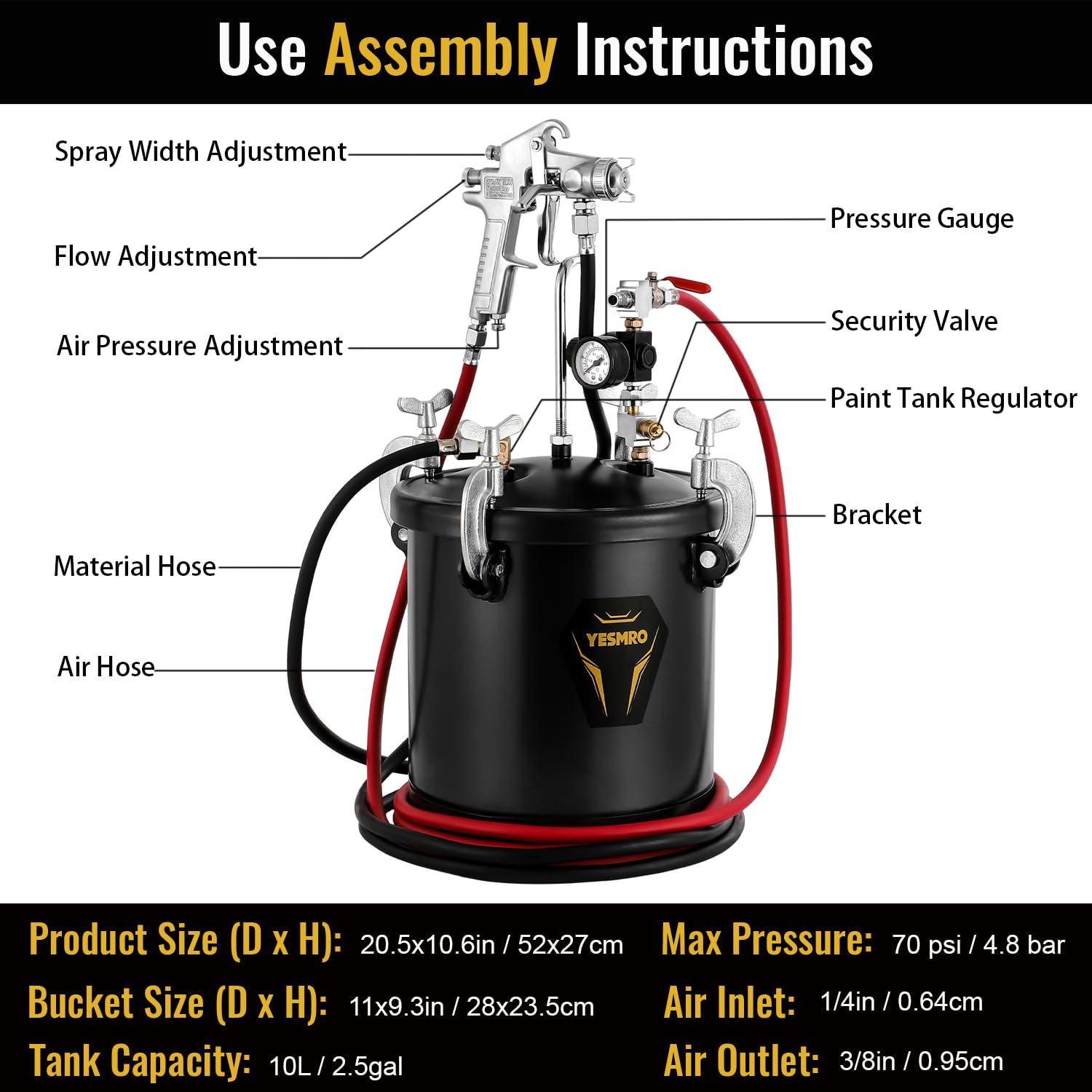 YESMRO 2.5 Gallon (10L) High Pressure Paint Spray Pot with Spray Gun - 70PSI Max Air Paint Sprayer Kit with 10-Feet Dual Hose for Industrial Painting, Automotive, Furniture & Home DIY Projects