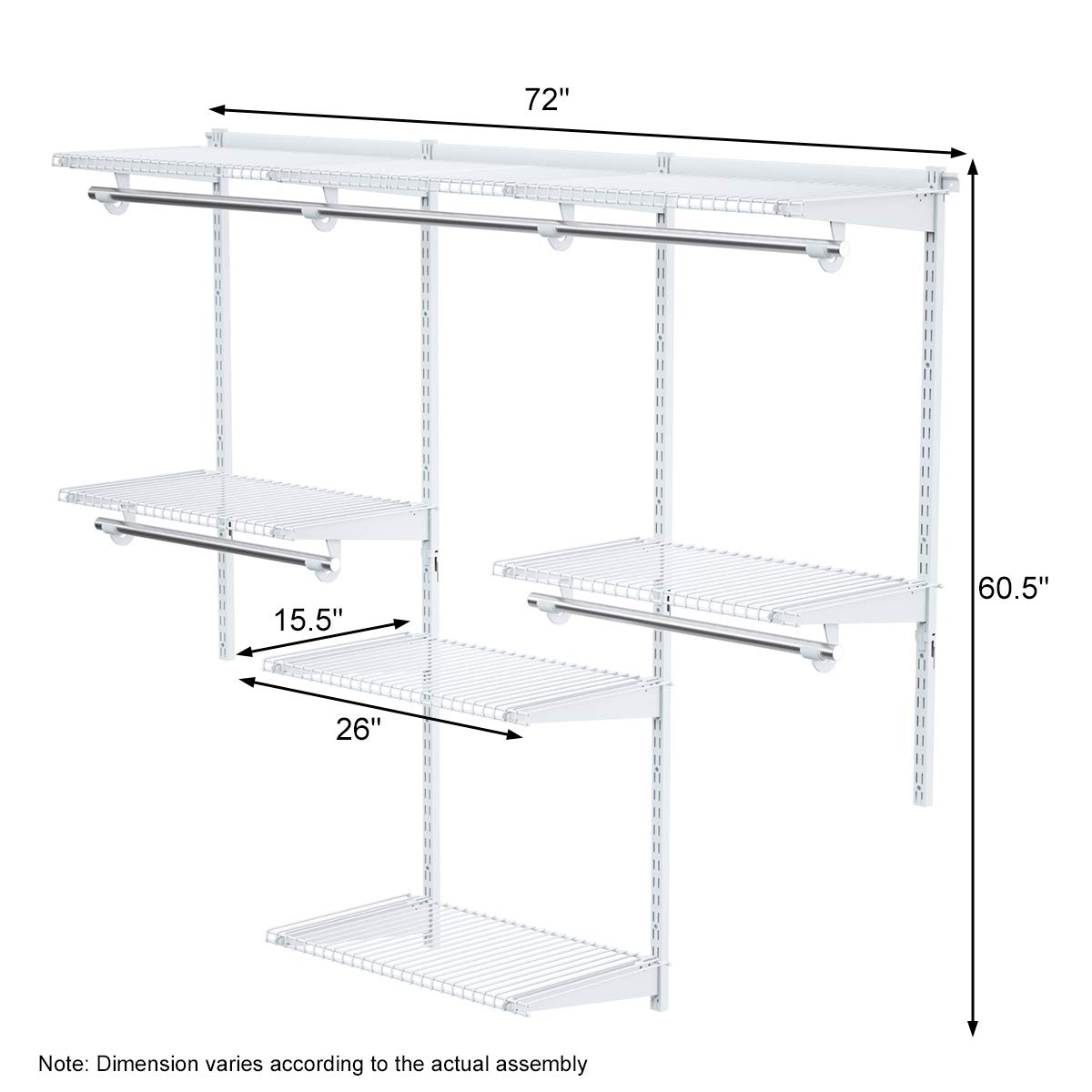 AFSTAR 4-6 FT Adjustable Wall Mount Closet Organizer System - 3 Hanging Rods & 6 Storage Shelves - Custom Closet Kit for Bedroom, Apartment (White) | Space Saving Closet Solution for Small Rooms & Walk-In Closets