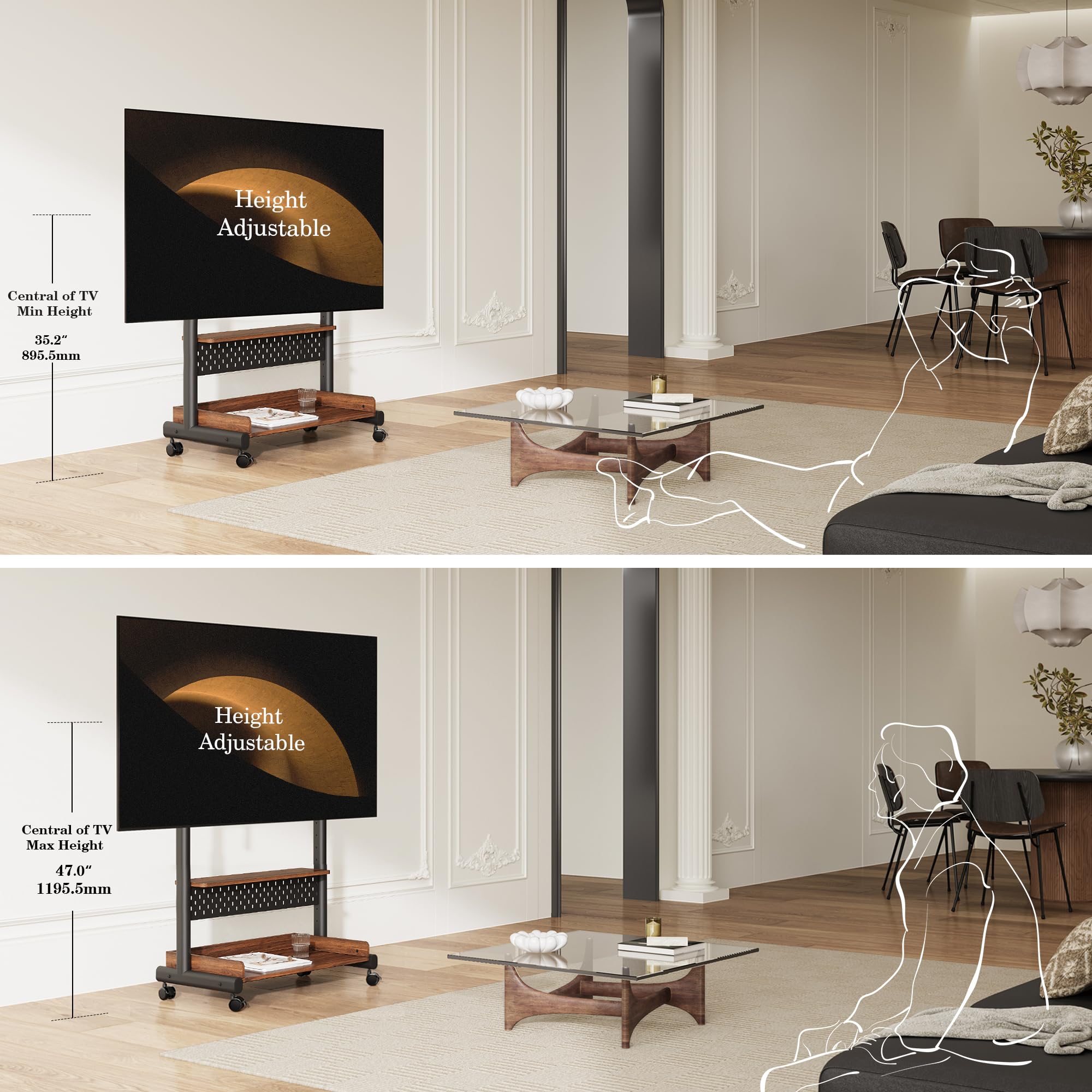 FITUEYES Universal TV Stand with Wheels for 40-85 Inch LED LCD Flat Screen TVs - Corner TV Stand with Storage Shelves, Peg Board & Wooden Shelf - Perfect for Living Room, Bedroom or Home Theater Setup