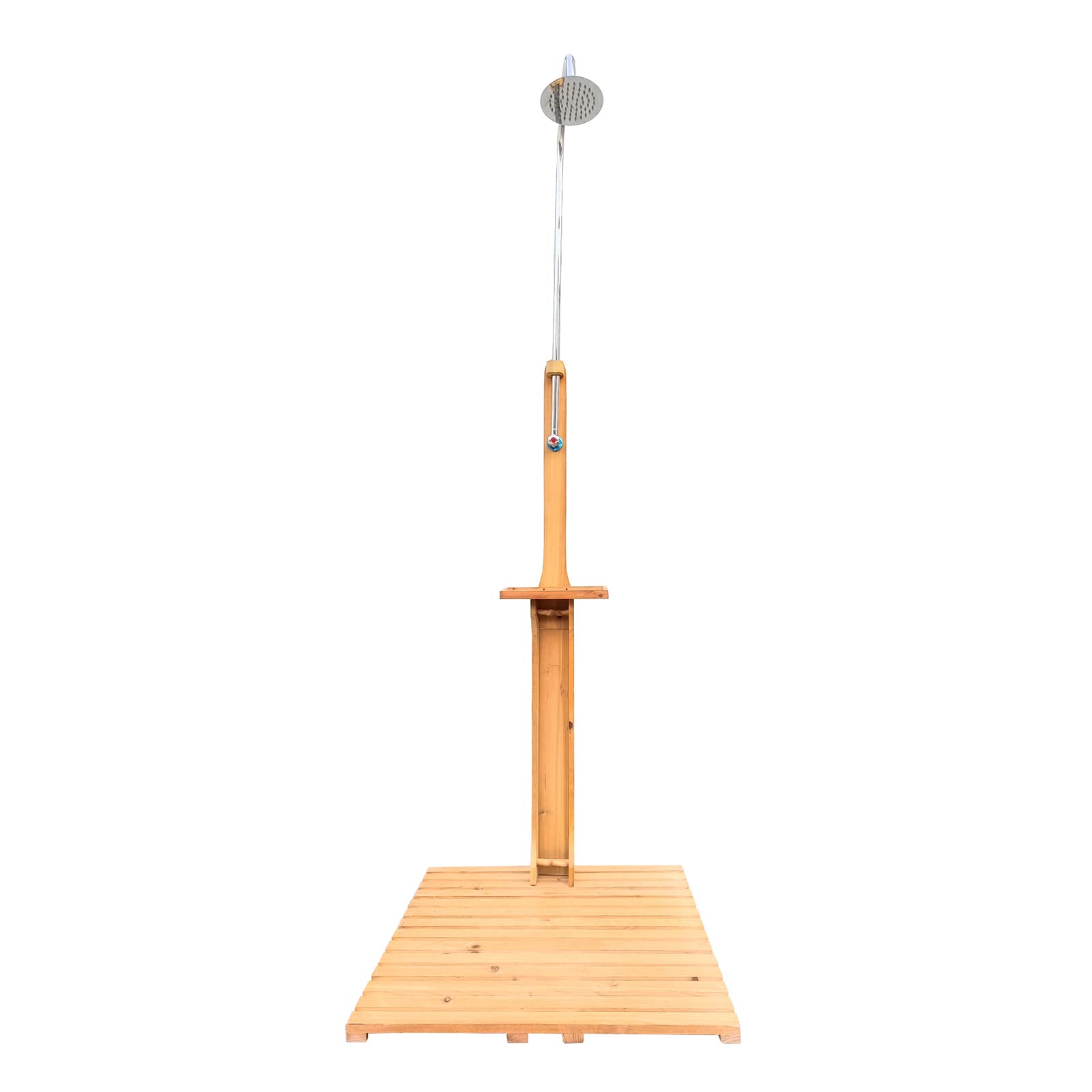 Premium Solid Fir Wood Outdoor Shower - Adjustable Water Pressure Portable Garden Shower with Storage Tray | Perfect for Swimming Pool, Camping, Patio & Terrace Use | Durable Teak Construction with Chassis Board