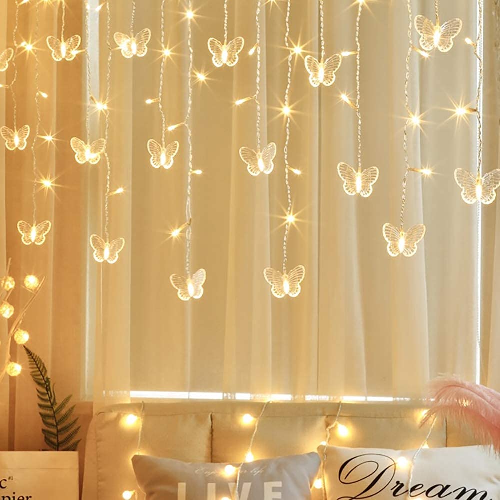 60 LED Butterfly Curtain Lights - 13.1FT USB Powered Fairy String Lights with Remote & 12 Butterflies, 8 Lighting Modes, Waterproof for Indoor/Outdoor Use - Perfect for Bedroom Decor, Christmas Lights, Holiday Party, Wedding & Garden Decoration (Warm White)