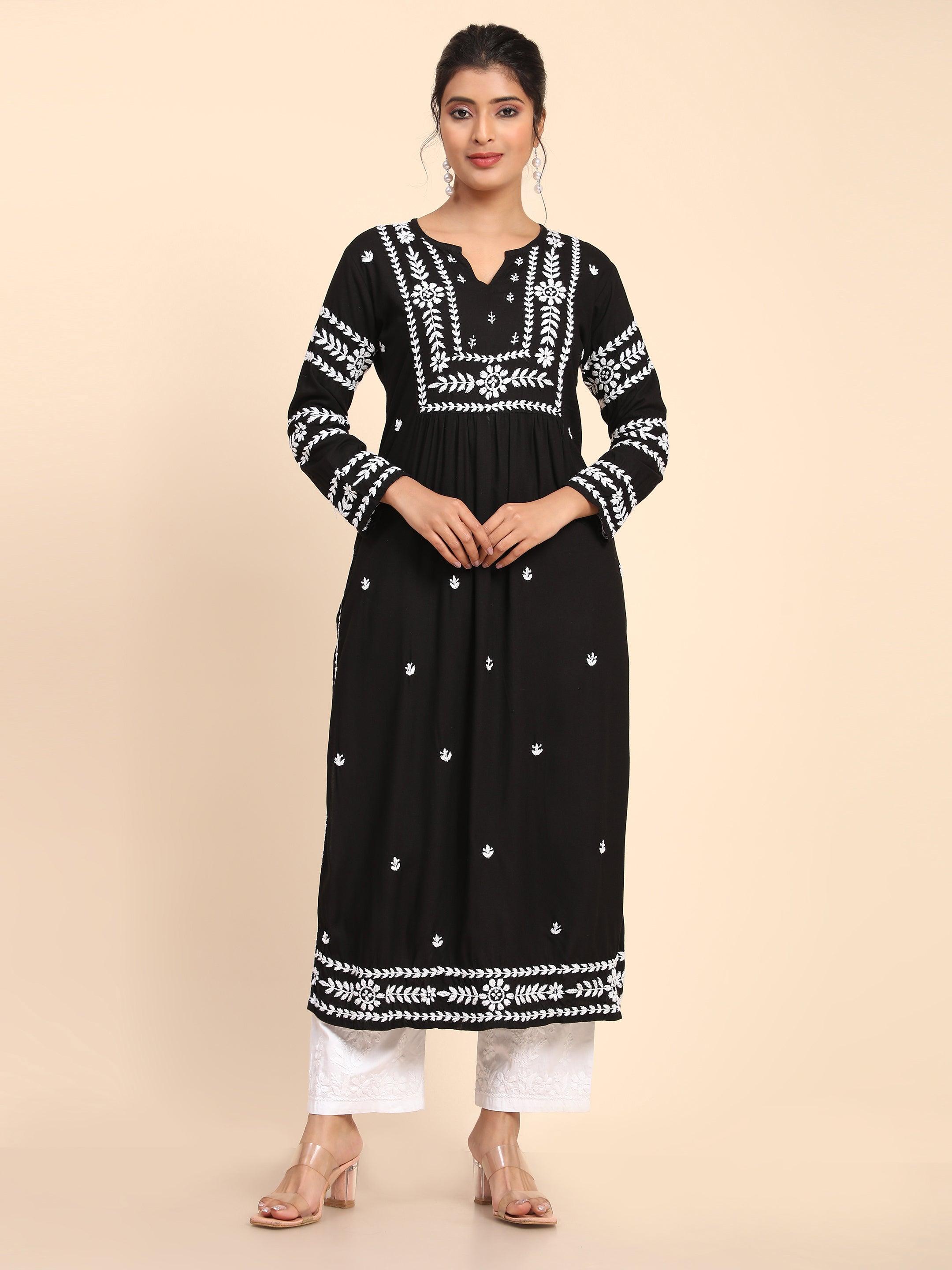 Shreya Jaiswal HOK Chikankari Long Kurta for Women - Rayon Cotton Blend Ethnic Tunic - Perfect for Festivals, Weddings & Casual Wear