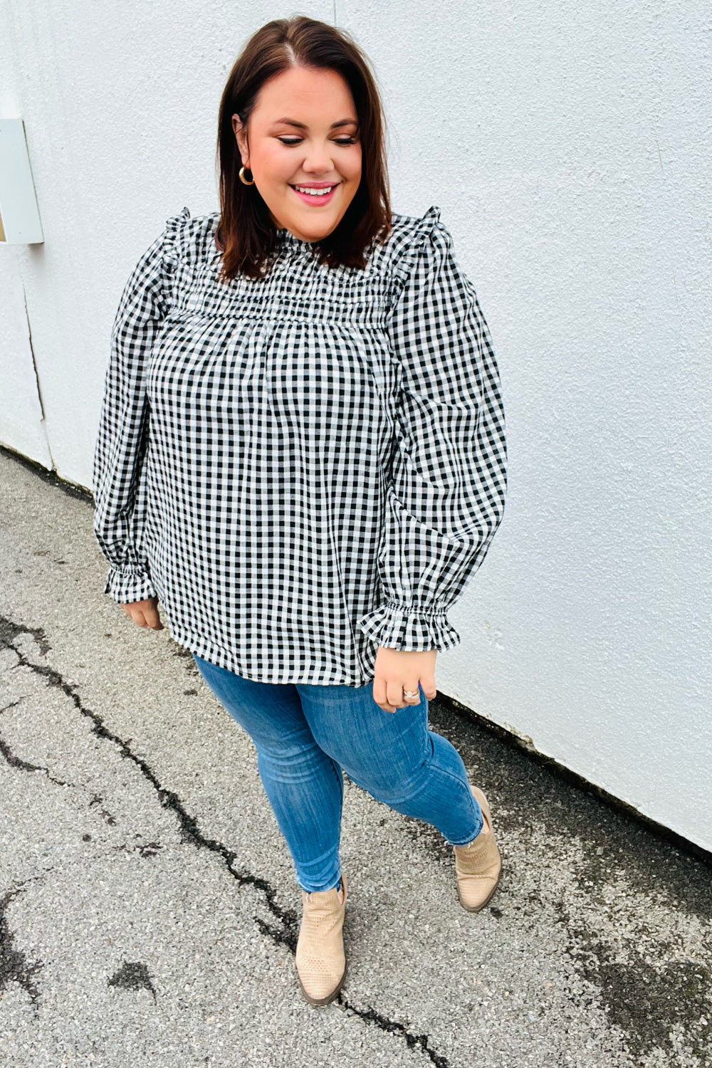 Stylish Black Gingham Shirred Yoke Mock Neck Frilled Top for Women | Vintage-Inspired Blouse for Casual Outfits & Date Nights